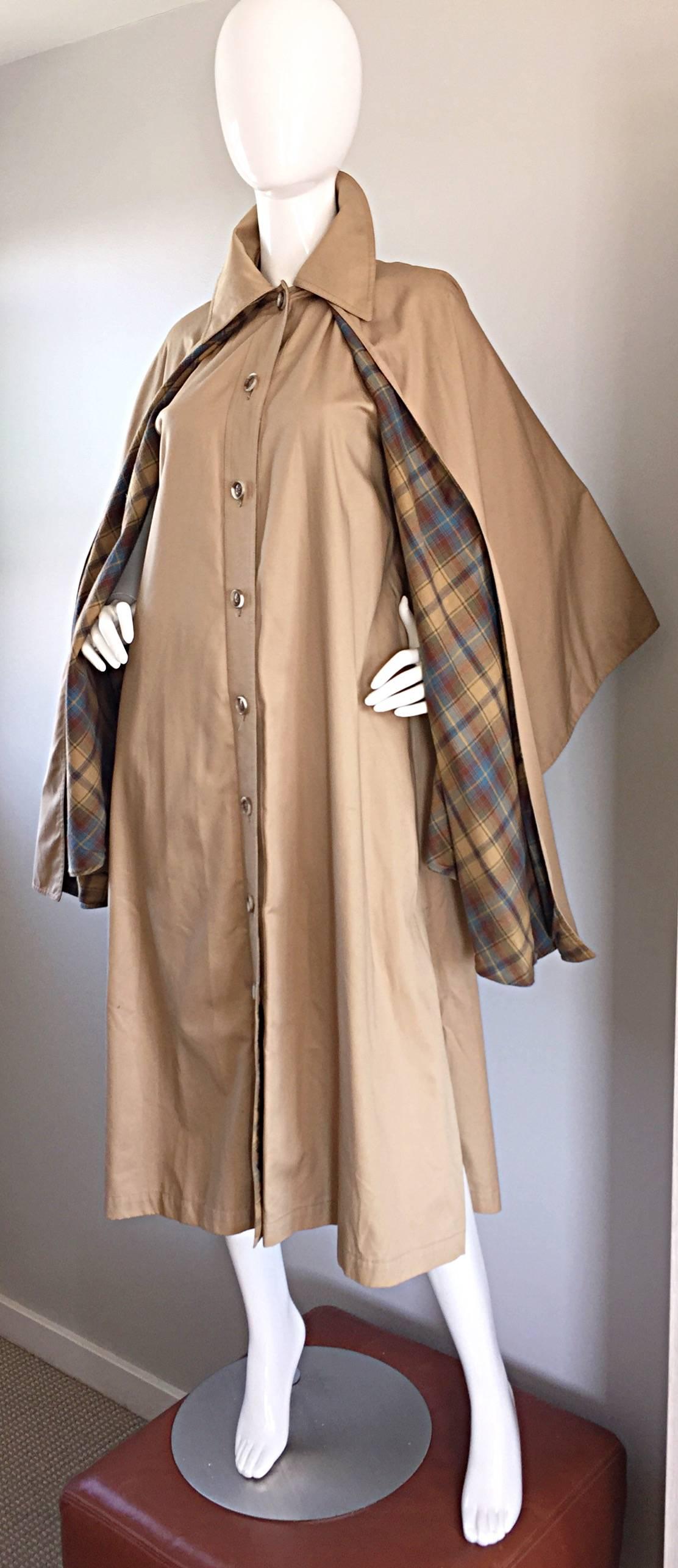 Brown Vintage Yves Saint Laurent ' Rive Gauche ' 1970s Khaki Plaid Cape Trench Jacket For Sale