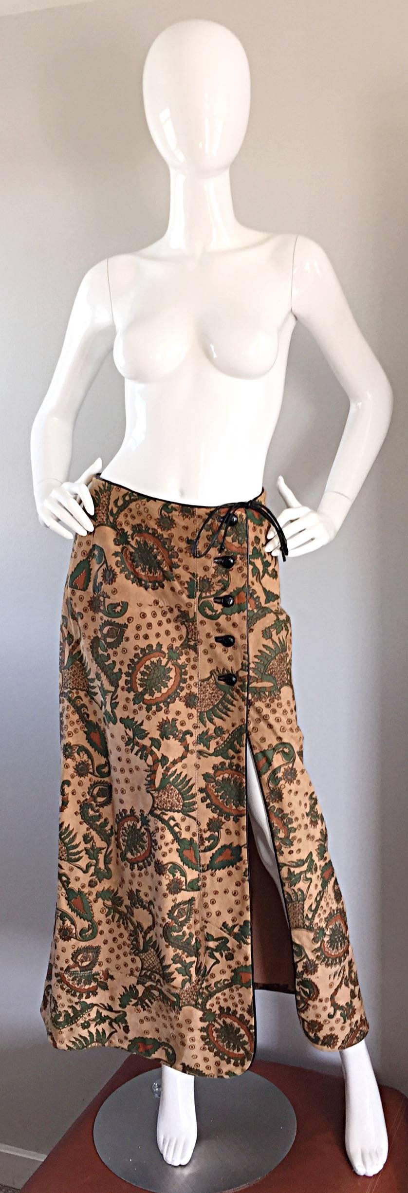 Rare Vintage Geoffrey Beene Bazaar Suede Leather Hand Painted Paisley Skirt  2