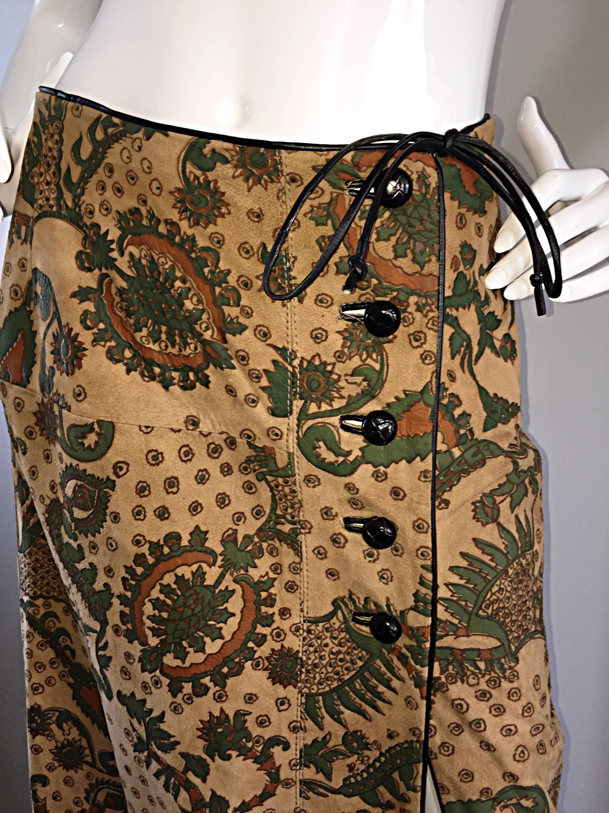 Rare Vintage Geoffrey Beene Bazaar Suede Leather Hand Painted Paisley Skirt  4