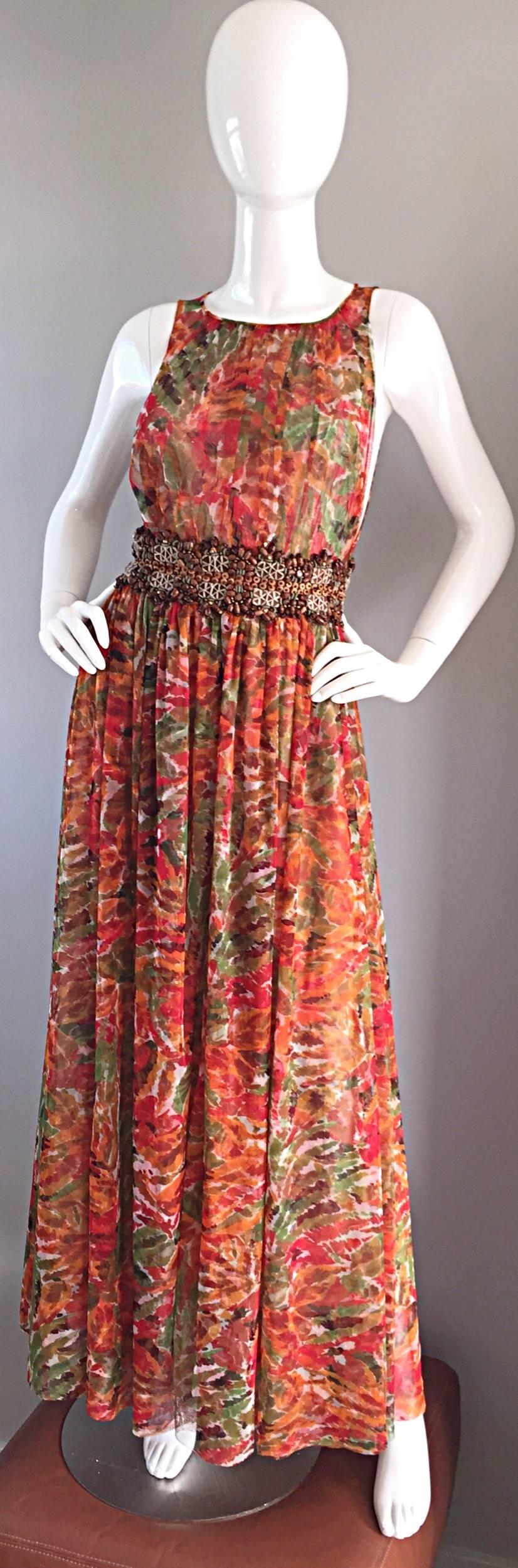 Stunning Vintage Mid 90s vintage  Oscar de la Renta brand new $5,850 Extraordinary floral watercolor print, with hundreds of wooden beads at waist. Open arms, and peek-a-boo back. Layers and layers of fabric, that look sensational on the body! Words