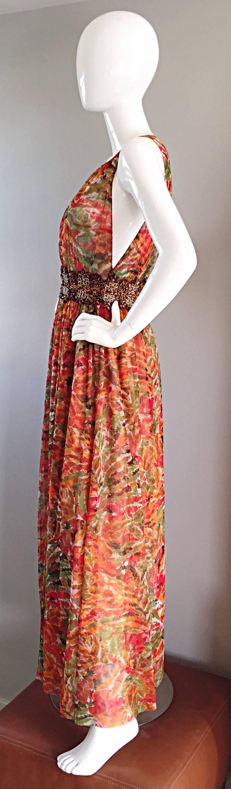 1990s Oscar de la Renta $5, 800 Size 6 / 8 Watercolor Boho Gown Dress Wooden Bead For Sale 4