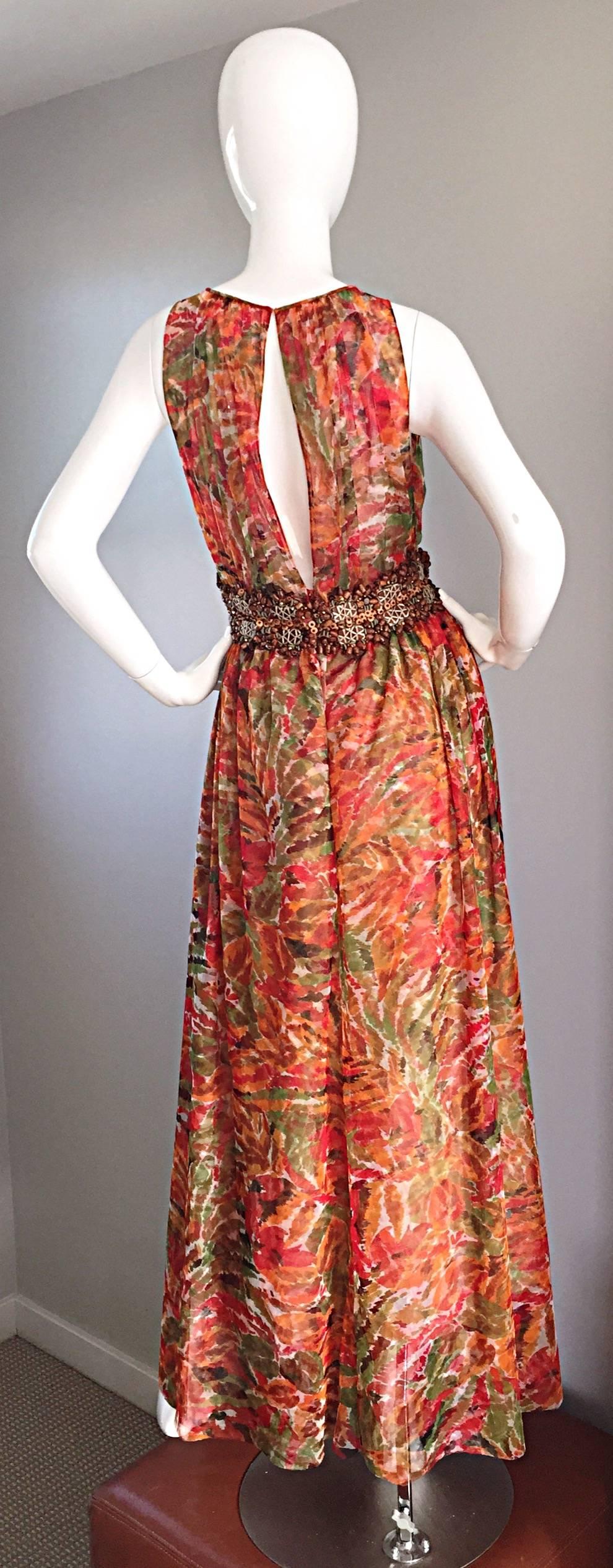 Brown 1990s Oscar de la Renta $5, 800 Size 6 / 8 Watercolor Boho Gown Dress Wooden Bead For Sale