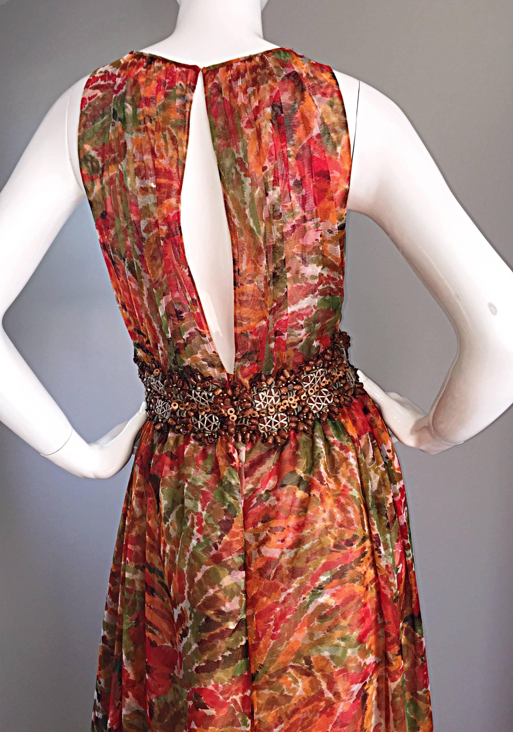 Women's 1990s Oscar de la Renta $5, 800 Size 6 / 8 Watercolor Boho Gown Dress Wooden Bead For Sale