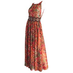 1990s Oscar de la Renta $5, 800 Size 6 / 8 Watercolor Boho Gown Dress Wooden Bead