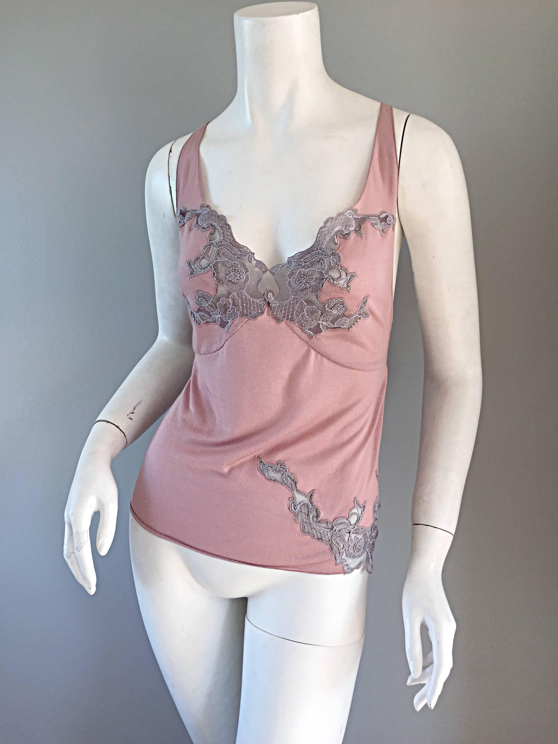 Phoebe Philo for Chloe Pink + Gray Blouse w/ Beautiful Lace Detail In Excellent Condition For Sale In San Diego, CA