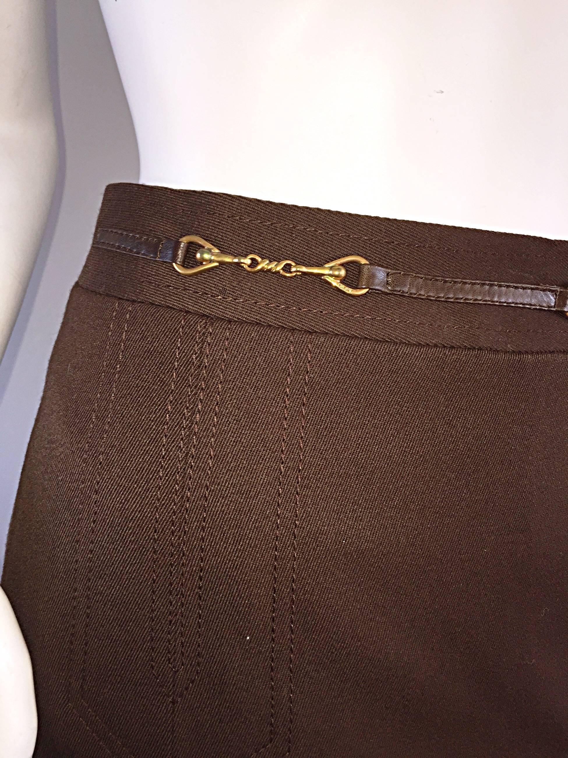 Neu Vintage CELINE Braun Wolle Rock w / Horsebit Detail Plus Größe Größe 48 / US 14 3