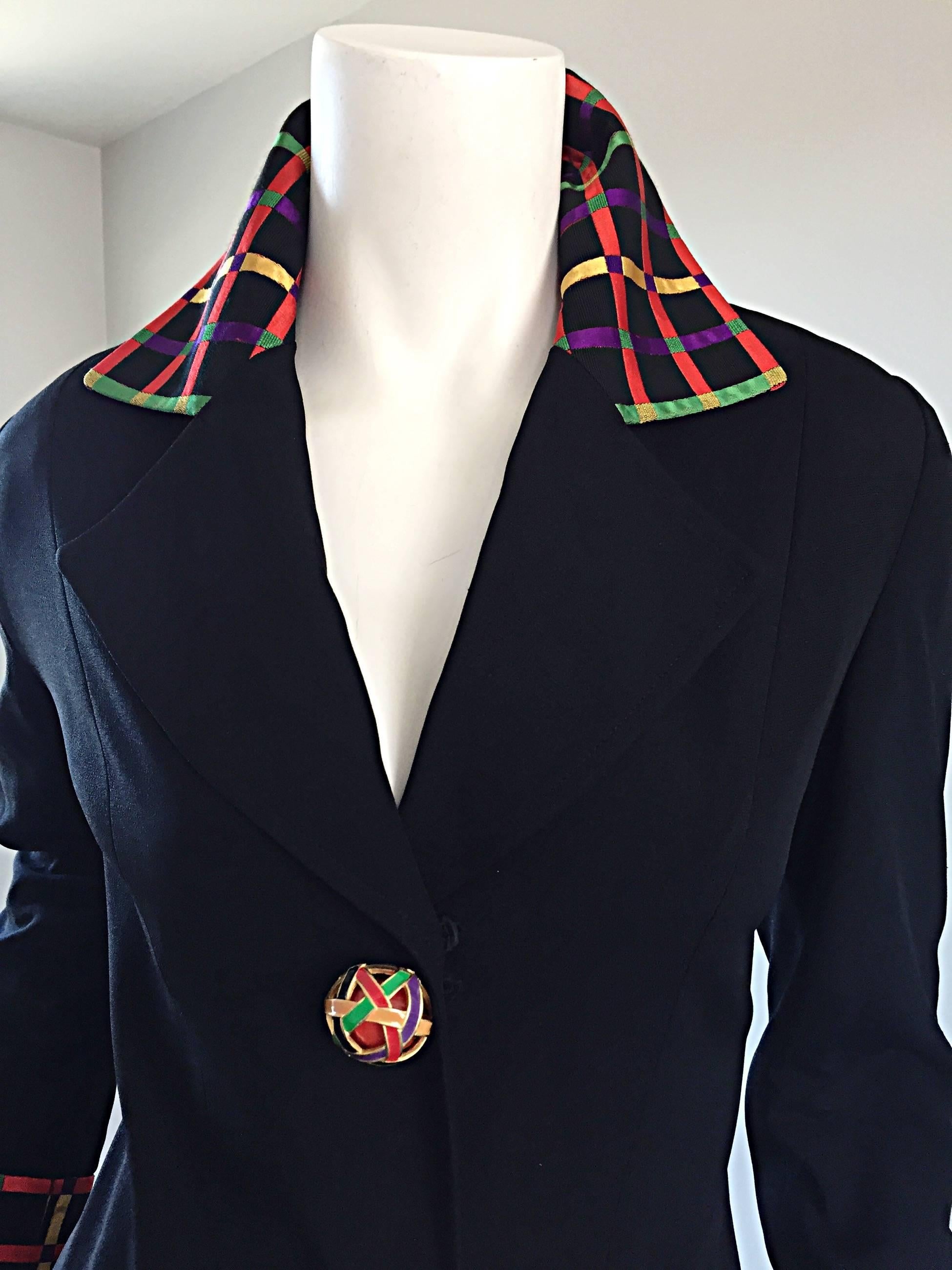 Vintage Kathryn Dianos Black Jacket Dress w/ Plaid Details + Dome Buttons 4