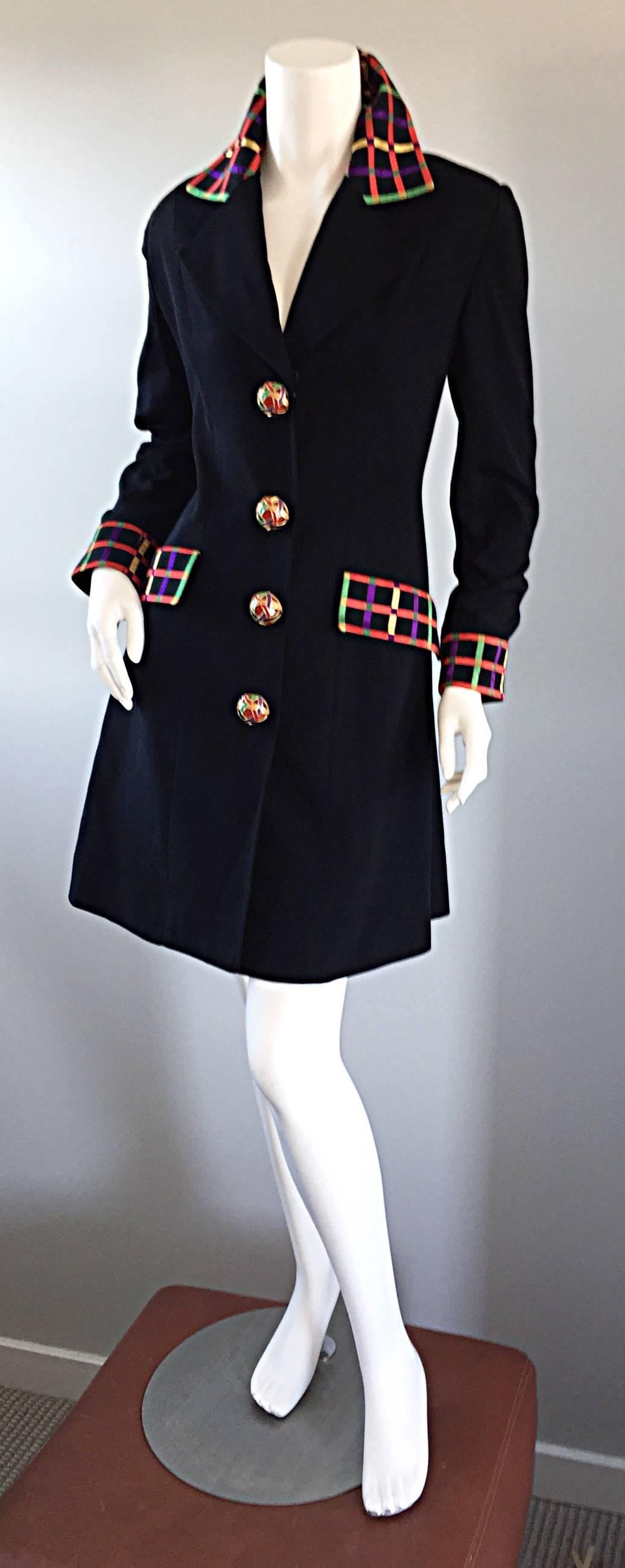 Women's Vintage Kathryn Dianos Black Jacket Dress w/ Plaid Details + Dome Buttons