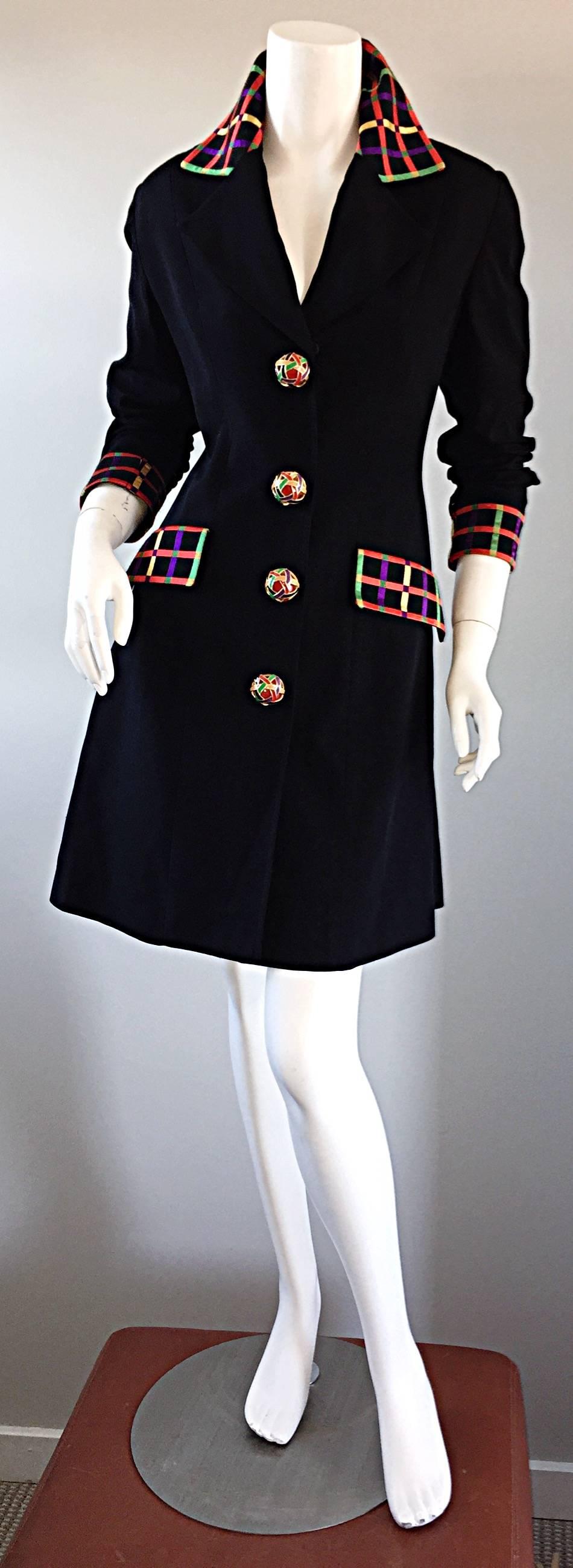 Vintage Kathryn Dianos Black Jacket Dress w/ Plaid Details + Dome Buttons 2