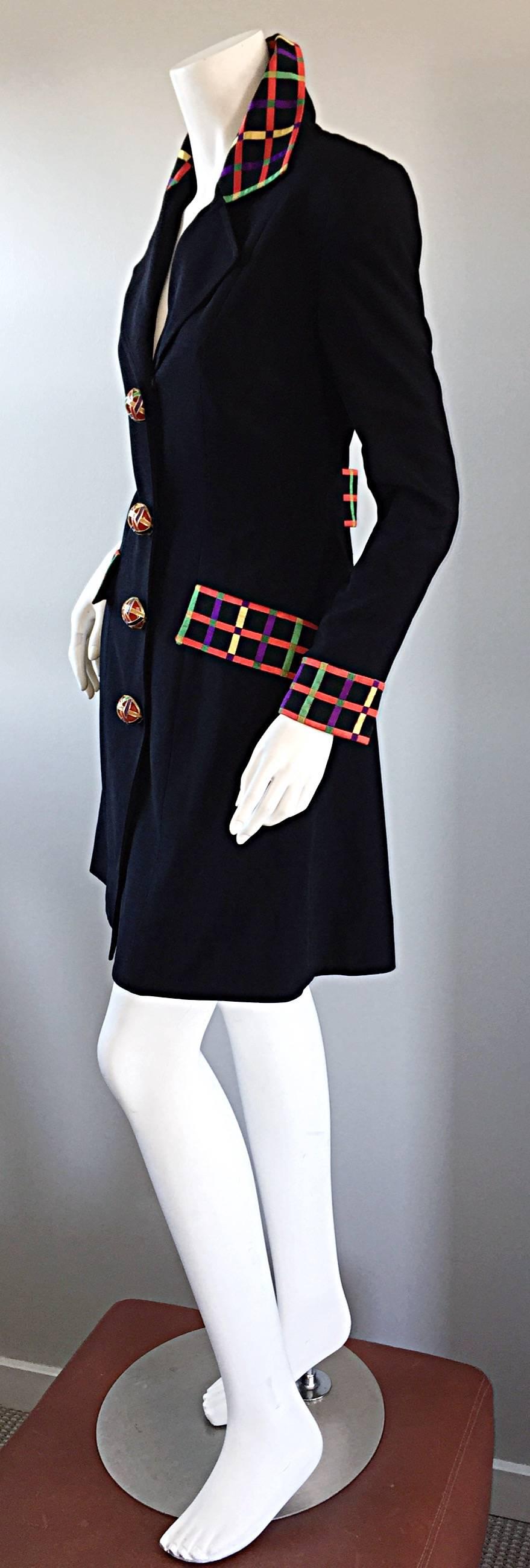 Beautiful vintage Kathryn Dianos black jacket OR dress! Avant Garde 'dome' metal buttons, with strips of color that coordinate with the plaid collar, cuffs, and pockets. Can be worn as a jacket or dress! Kathryn Dianos pieces were frequently worn by