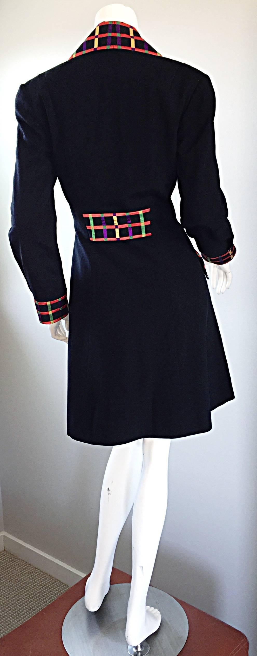 Vintage Kathryn Dianos Black Jacket Dress w/ Plaid Details + Dome Buttons In Excellent Condition In San Diego, CA