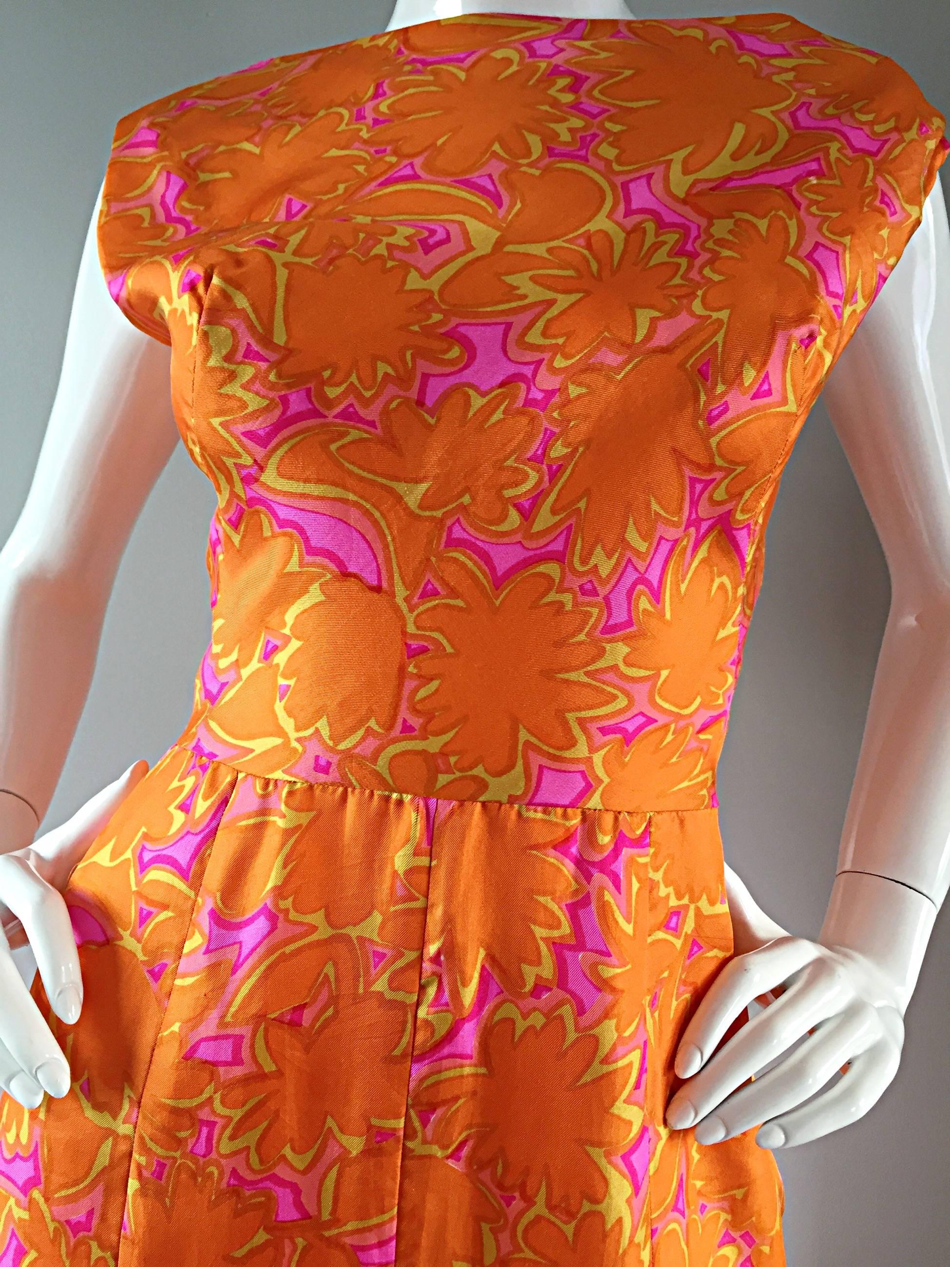 1960s Vintage Bright Orange + Hot Pink A Line Flower Psychedelic 60s Silk Dress 2