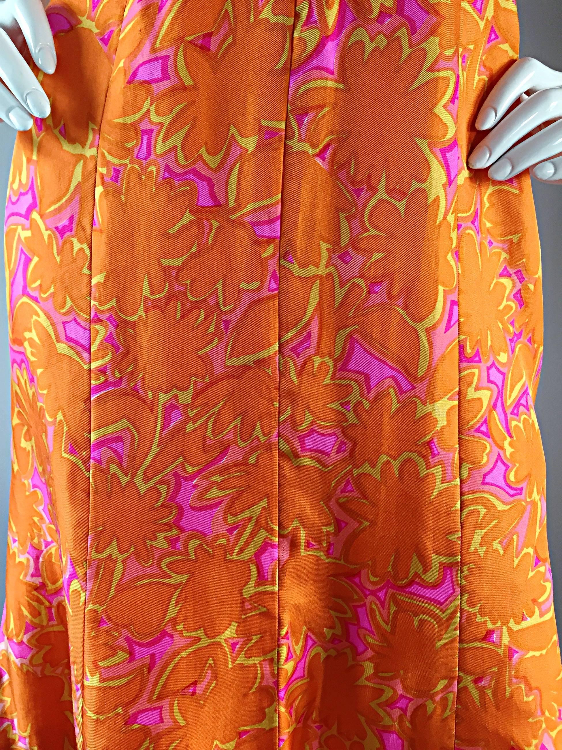 1960s Vintage Bright Orange + Hot Pink A Line Flower Psychedelic 60s Silk Dress 3
