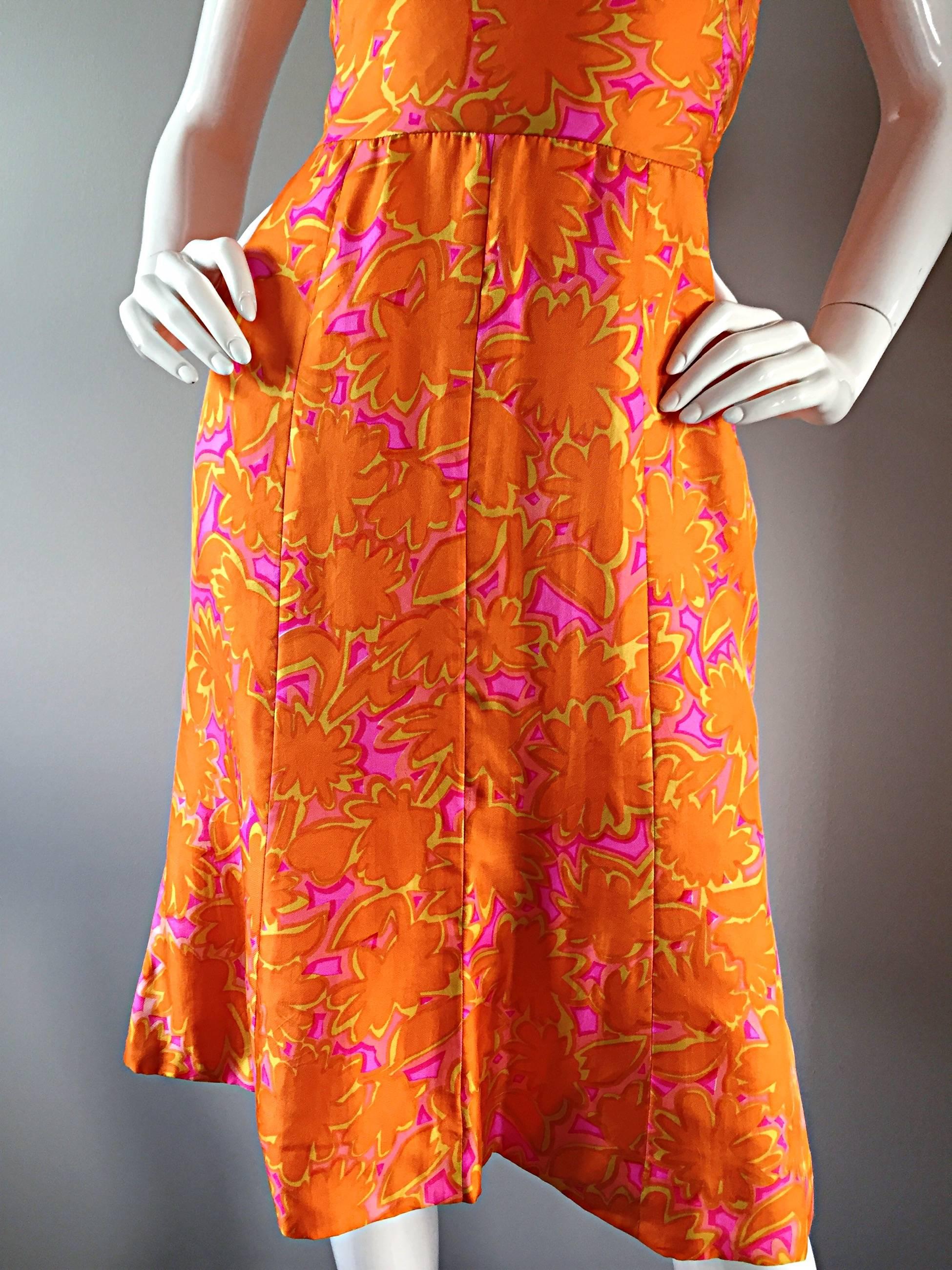 1960s Vintage Bright Orange + Hot Pink A Line Flower Psychedelic 60s Silk Dress 1