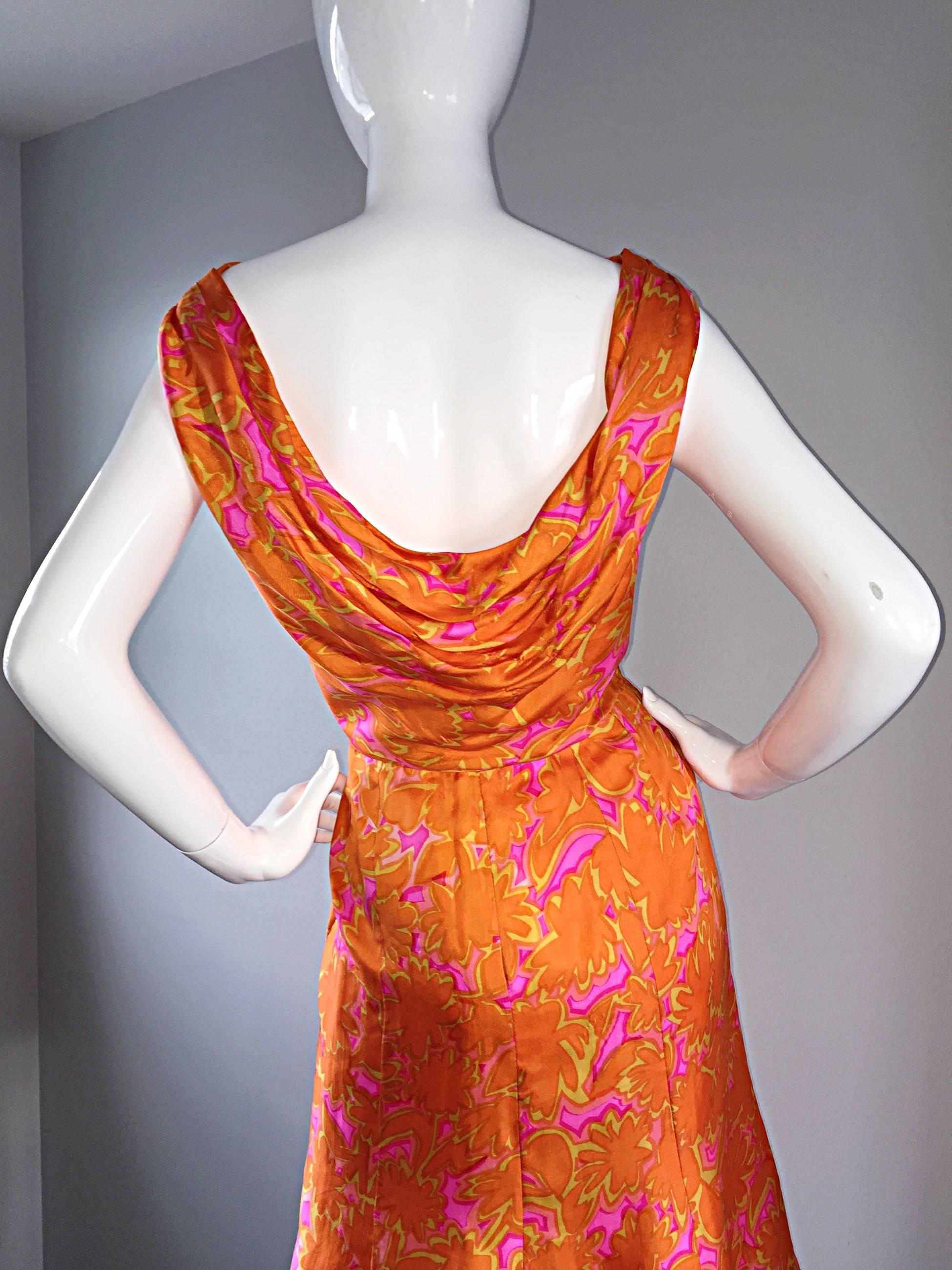 Women's 1960s Vintage Bright Orange + Hot Pink A Line Flower Psychedelic 60s Silk Dress