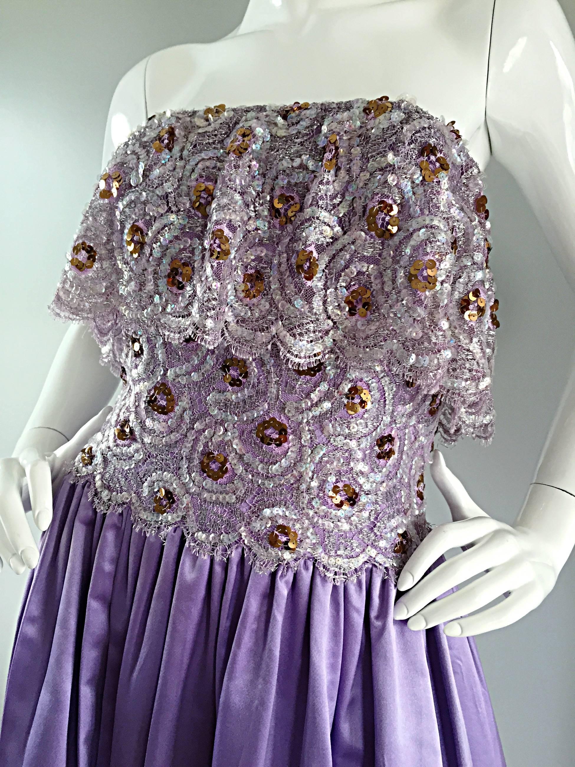 Women's Alfred Bosand 1970s Vintage Purple / Lavender Sequin Silk + Lace 70s Gown For Sale