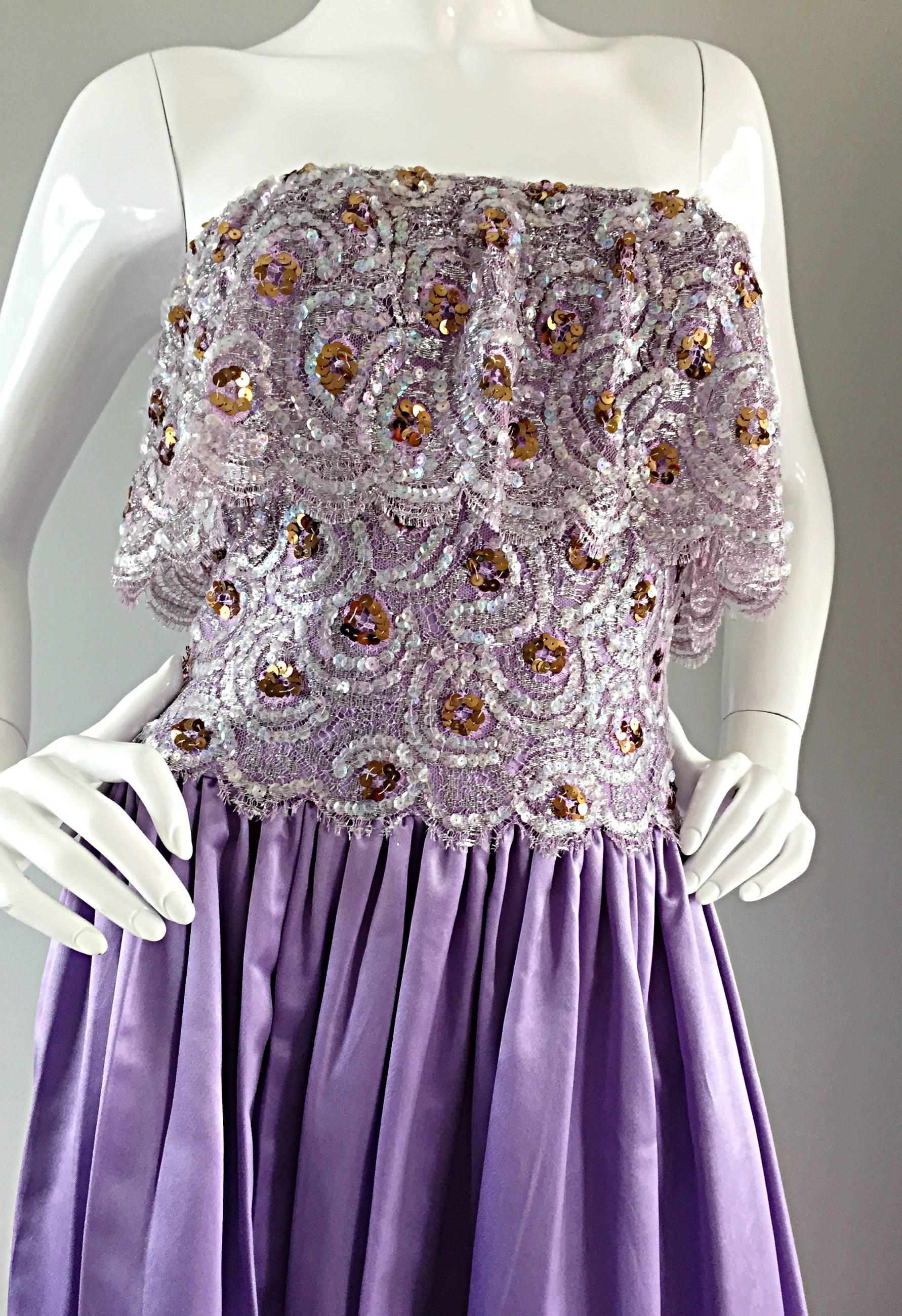 Alfred Bosand 1970s Vintage Purple / Lavender Sequin Silk + Lace 70s Gown In Excellent Condition For Sale In San Diego, CA