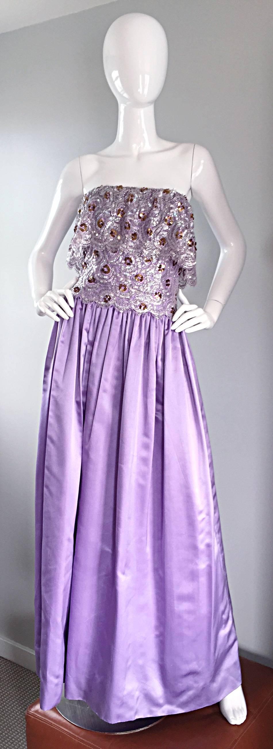 Alfred Bosand 1970s Vintage Purple / Lavender Sequin Silk + Lace 70s Gown For Sale 2