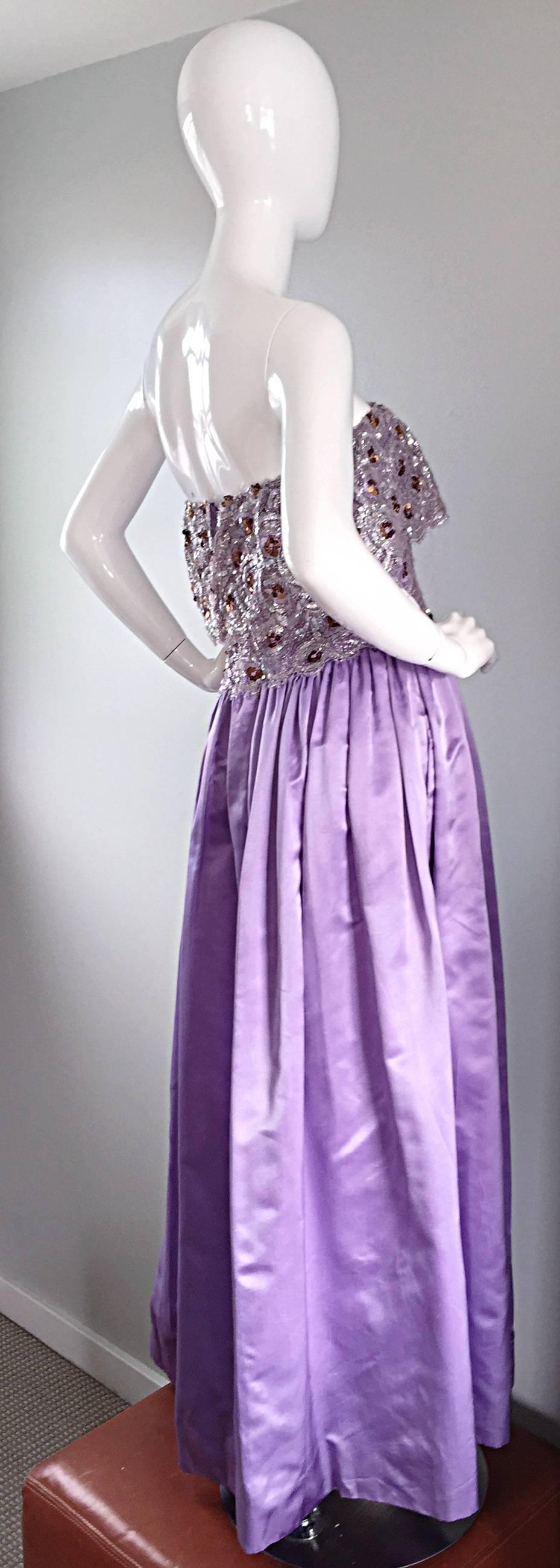 Absolutely stunning vintage Alfred Bosand strapless gown! Bodice is boned, with lace over silk, with hundreds of sequins hand encrusted throughout. Chic lace ruffle at bust. POCKETS at both sides of the waist. Demi couture quality, with a full skirt