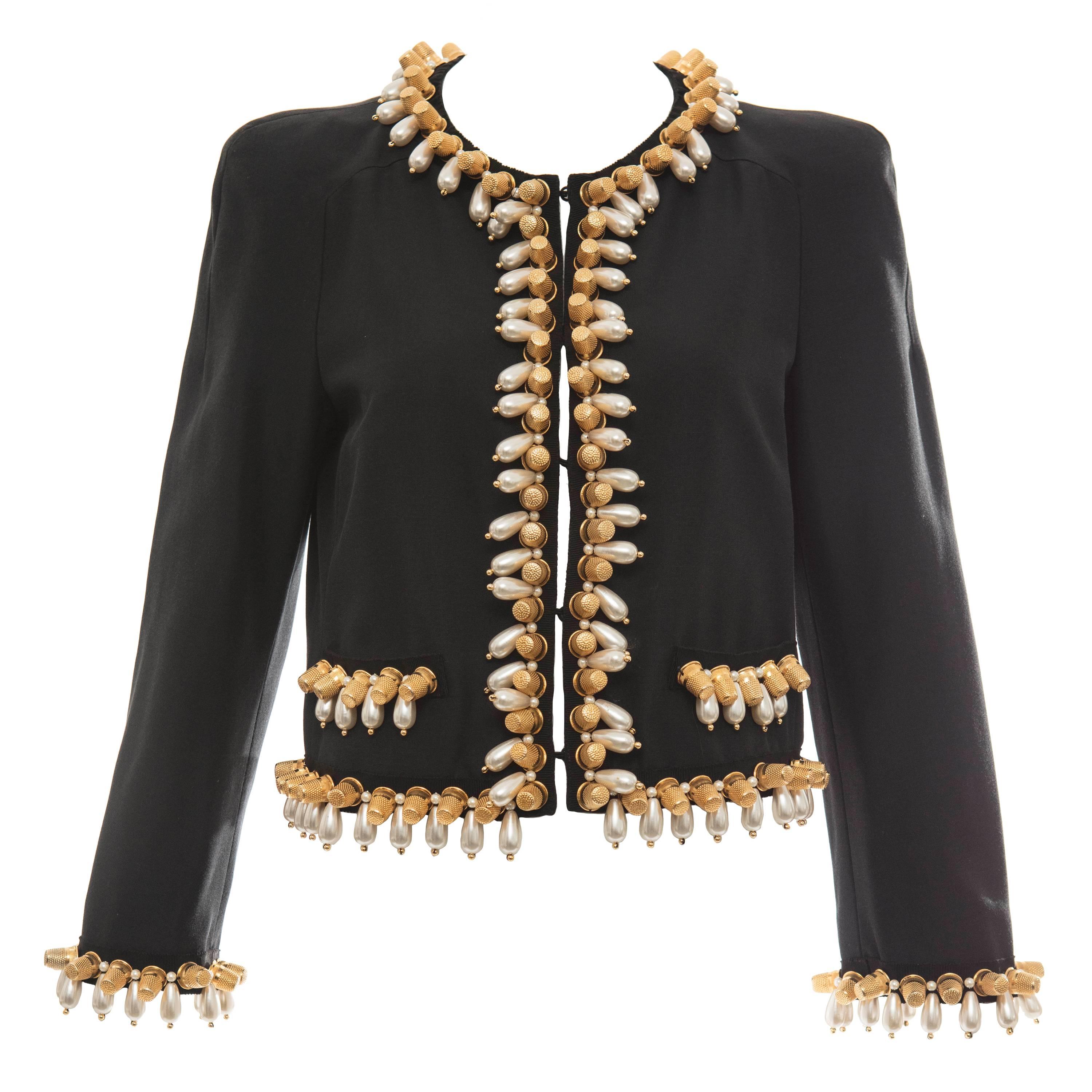 Jeremy Scott for Moschino Black Cotton Silk Jacket With Thimble Pearl Adornments For Sale