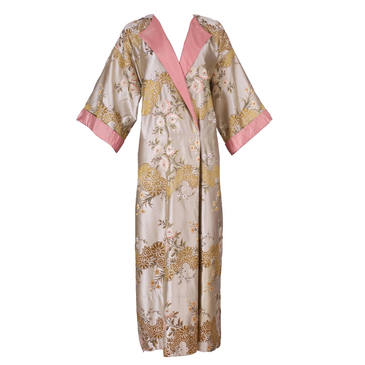 Madame Gres Haute Couture Silk Satin Embroidered Kimono Evening Dress