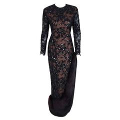 1970's Travilla Couture Black Sequin-Lace Sheer Illusion & Fox Fur Evening Gown 