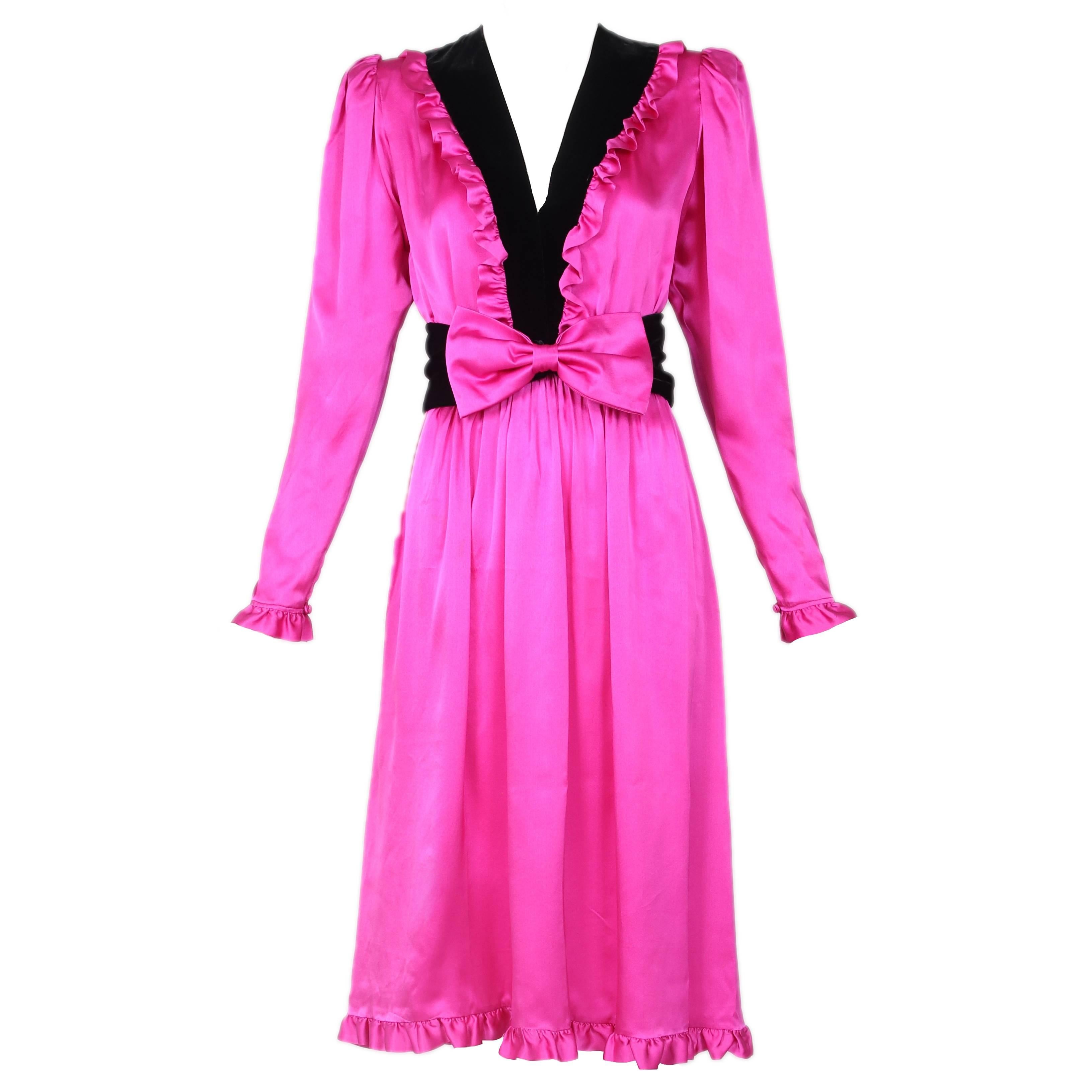 Yves Saint Laurent YSL Fuschia Silk Dress w/Velvet Deep V-Neck & Ruffled Trim