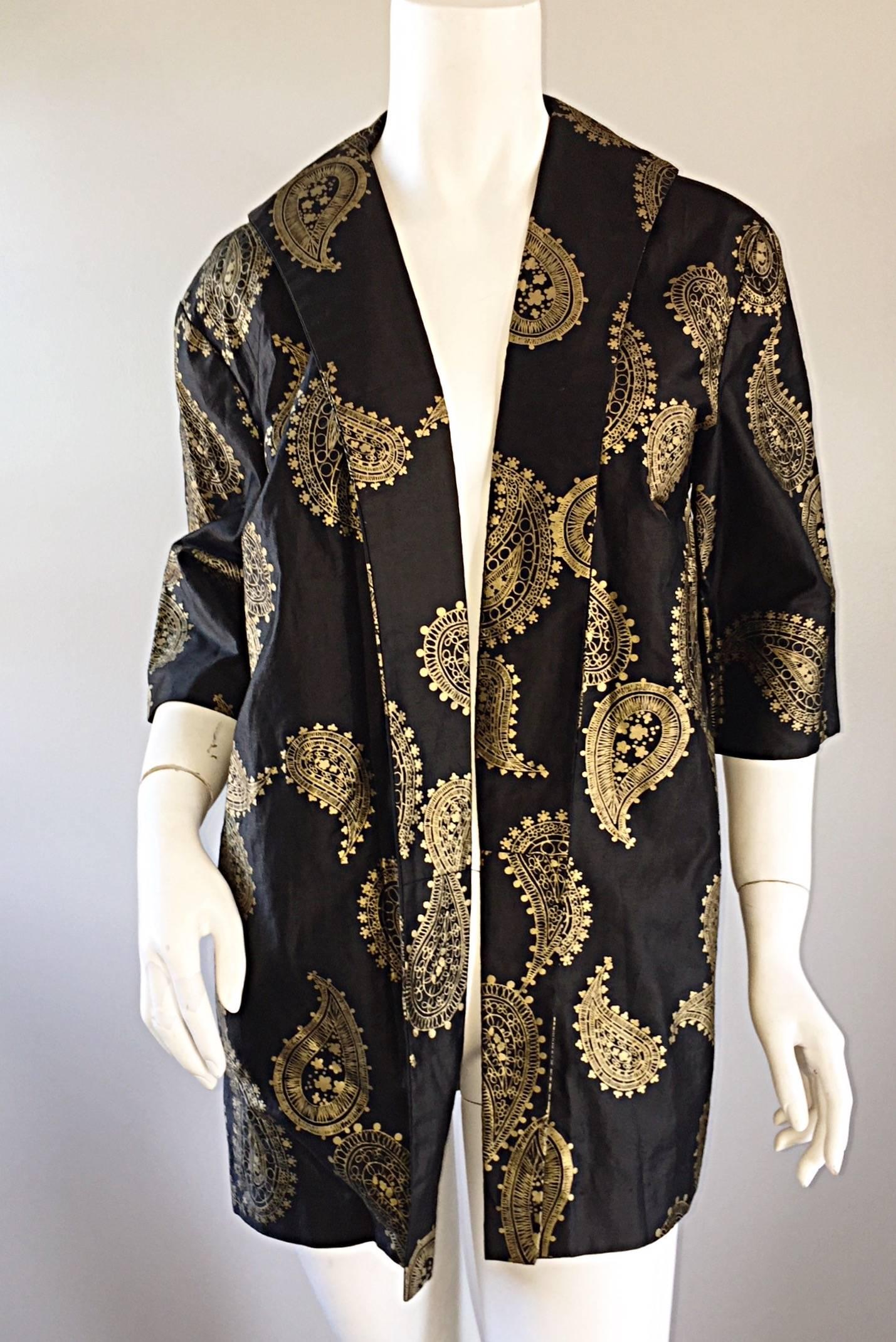 Rare 1950s Alfred Shaheen Vintage 50s Black And Gold Hand Printed Kimono Jacket In Excellent Condition In San Diego, CA