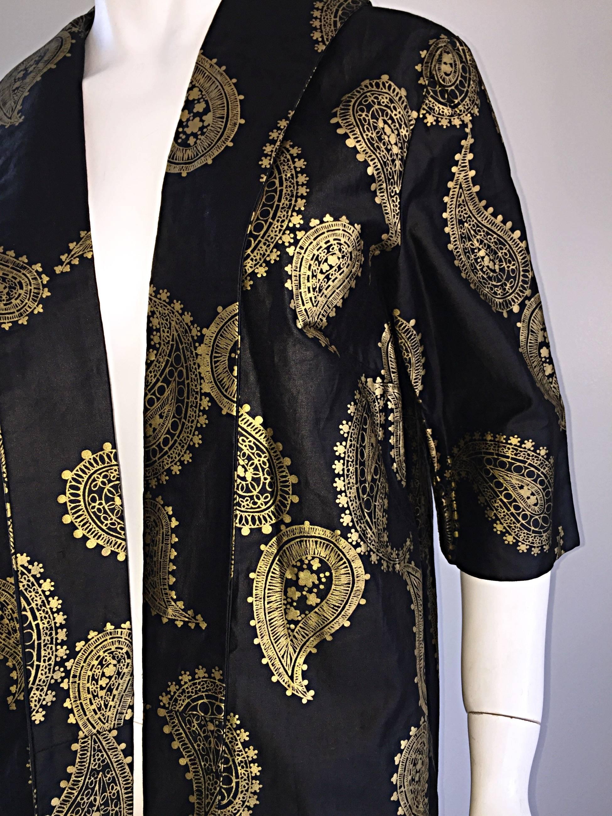 Rare 1950s Alfred Shaheen Vintage 50s Black And Gold Hand Printed Kimono Jacket 1