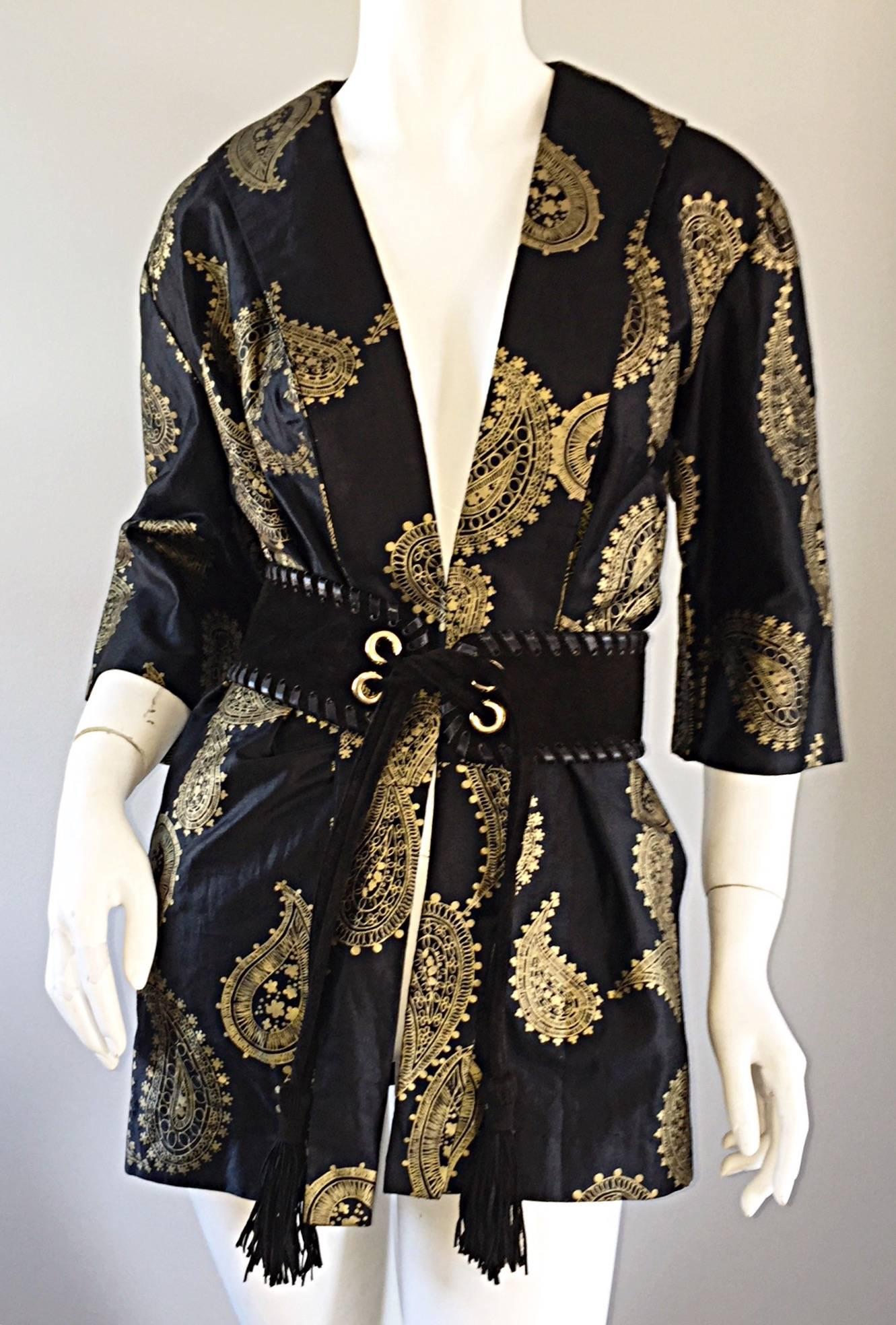 Rare 1950s Alfred Shaheen Vintage 50s Black And Gold Hand Printed Kimono Jacket 2