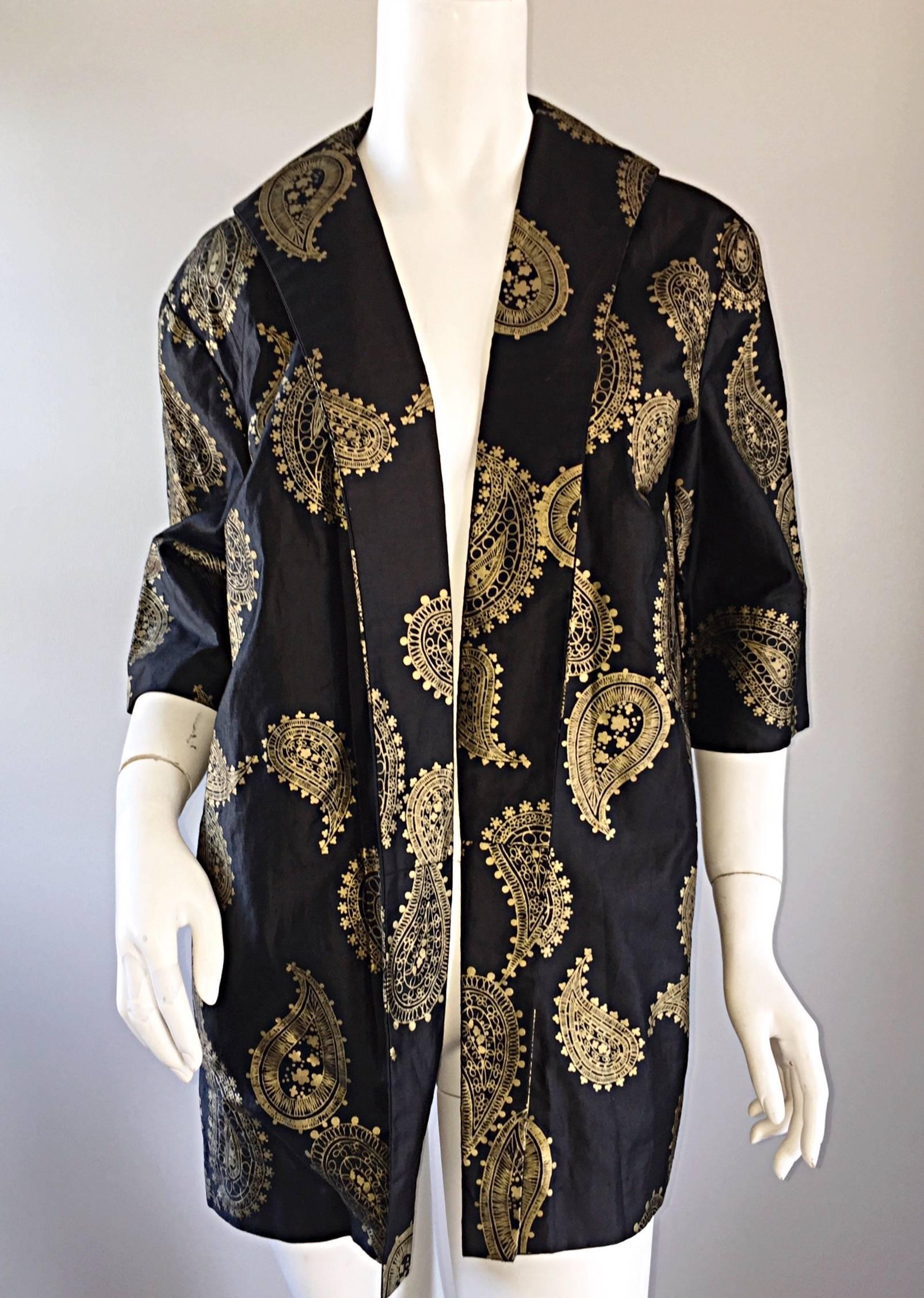 Women's Rare 1950s Alfred Shaheen Vintage 50s Black And Gold Hand Printed Kimono Jacket