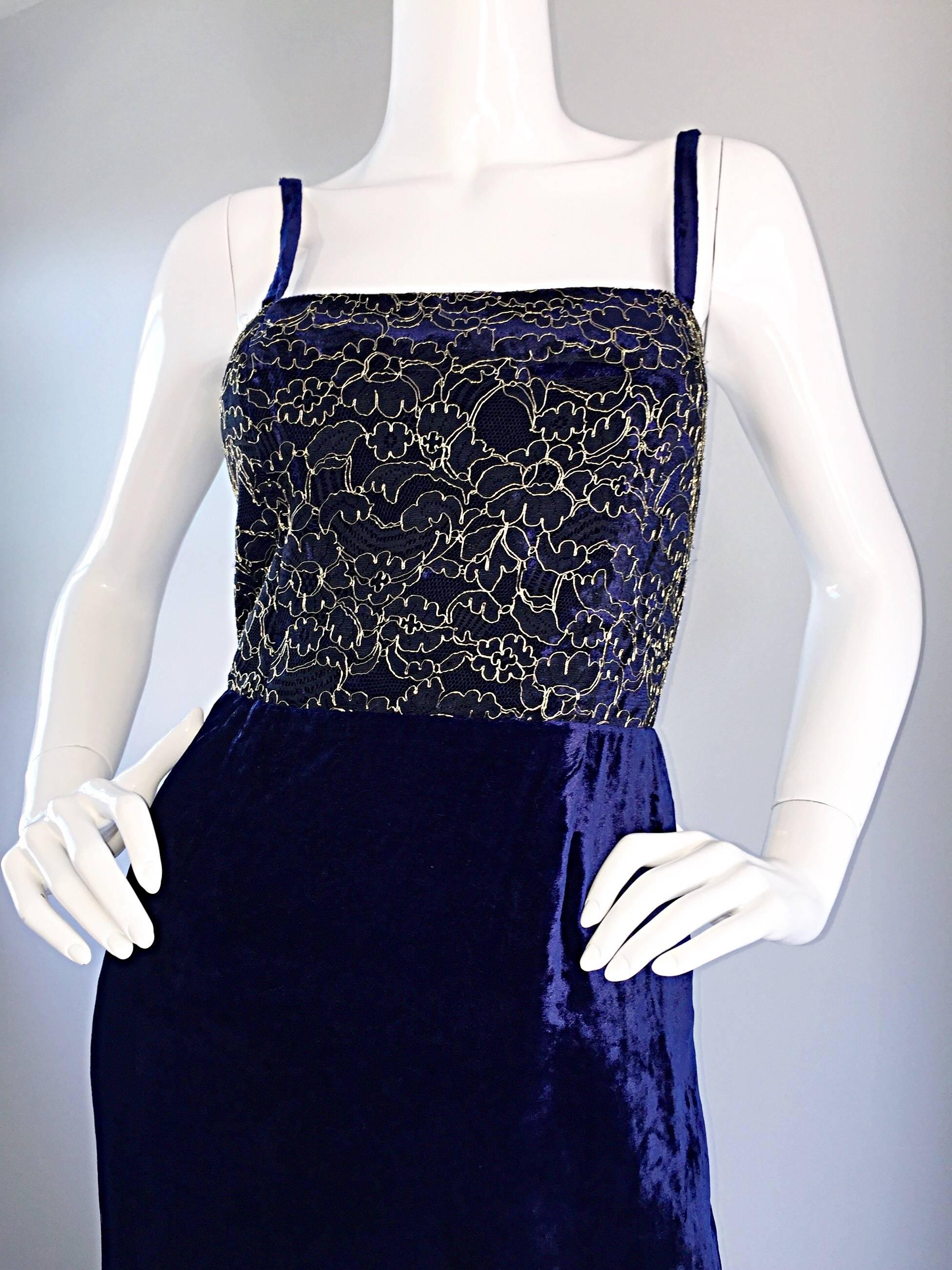 Beautiful New Luca Luca Royal Blue + Gold Velvet And Lace Cocktail Dress NWT For Sale 3