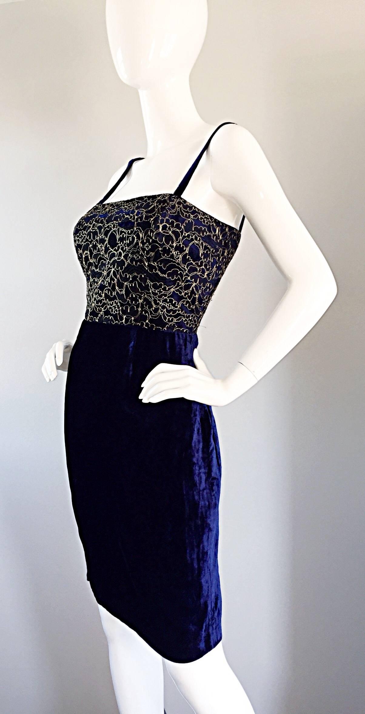 Women's Beautiful New Luca Luca Royal Blue + Gold Velvet And Lace Cocktail Dress NWT For Sale
