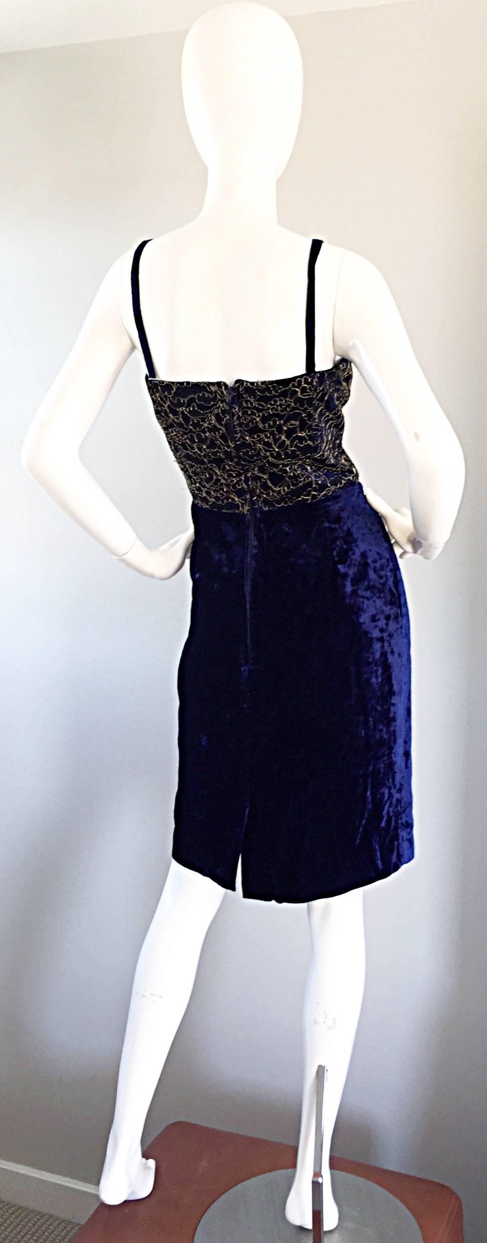Precioso Nuevo 90s Luca Luca Azul Real + Oro Terciopelo Y Vestido De Cóctel De Encaje NWT Negro en venta