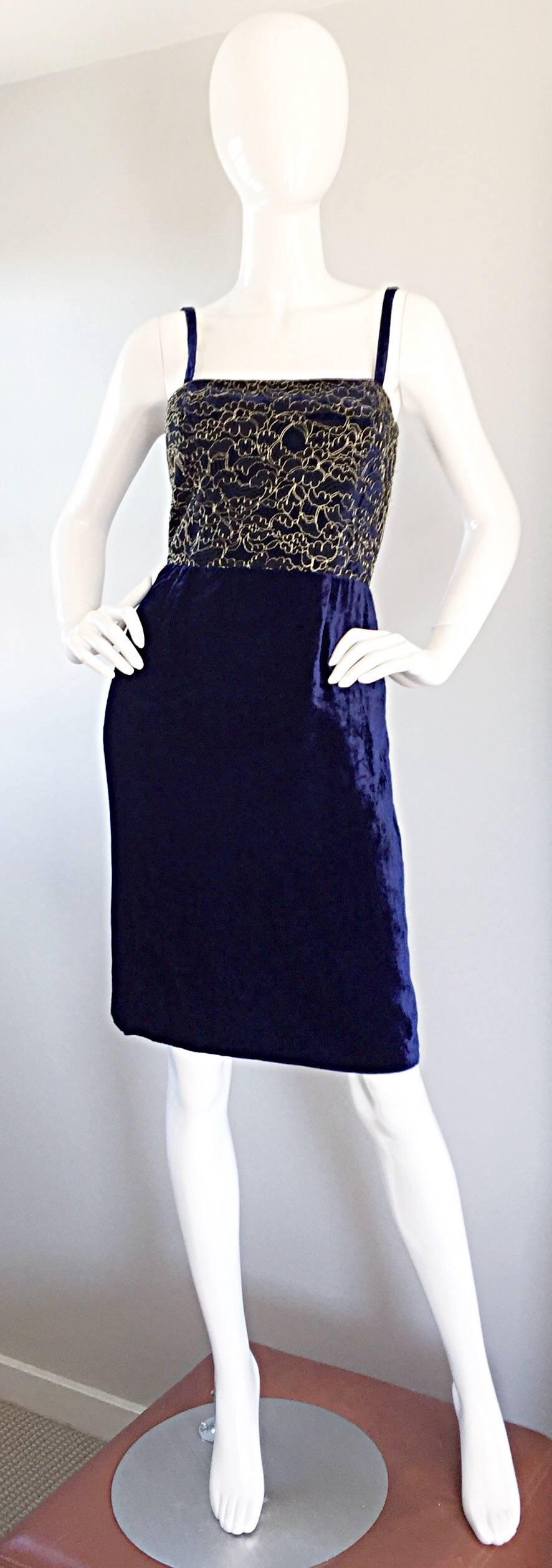 Beautiful LUCA LUCA Couture cocktail dress! Stunning royal blue crushed velvet, with striking french lace at bodice, etched in metallic gold. Brand new, with tags--Retailed for $890 in the early 2000s. Chic babydoll fit, with flattering pleats at