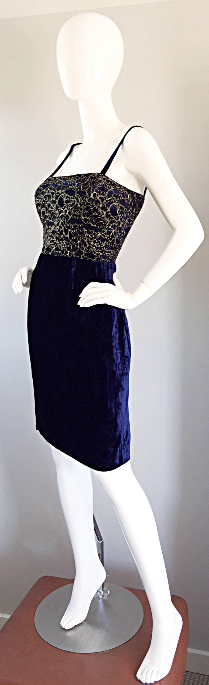 Black Beautiful New Luca Luca Royal Blue + Gold Velvet And Lace Cocktail Dress NWT