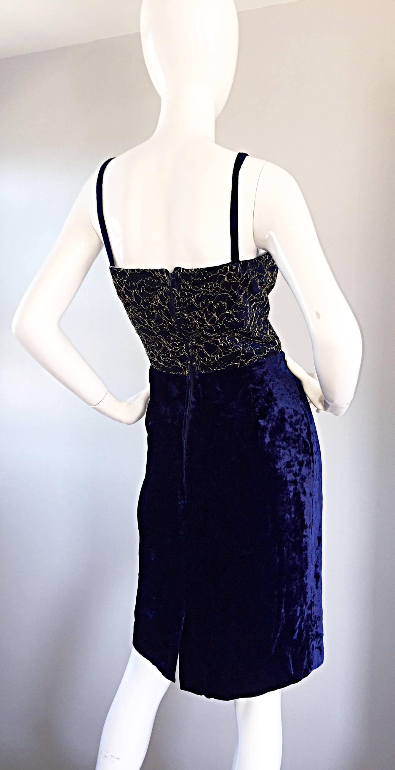 Beautiful New Luca Luca Royal Blue + Gold Velvet And Lace Cocktail Dress NWT For Sale 1