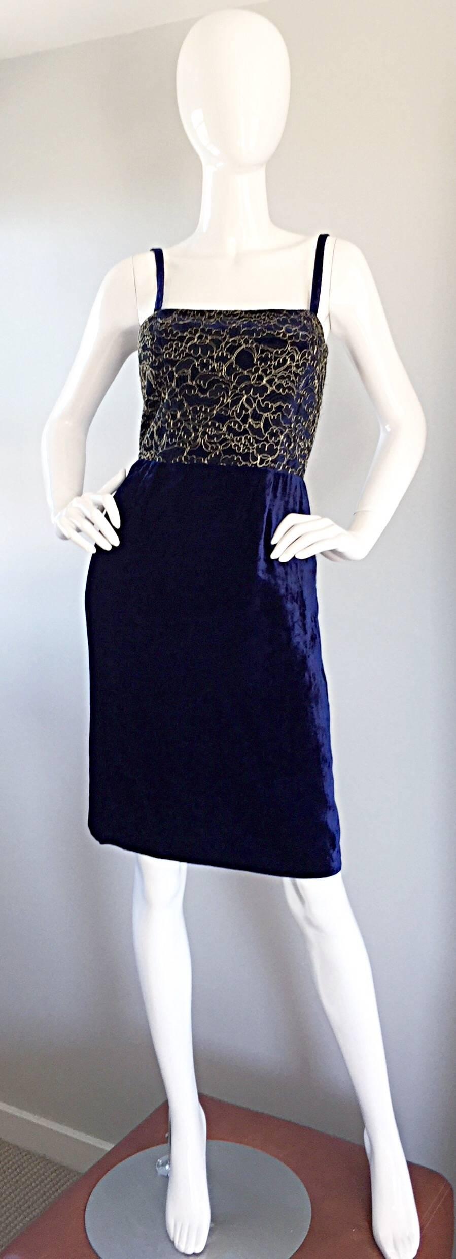 Beautiful New Luca Luca Royal Blue + Gold Velvet And Lace Cocktail Dress NWT In New Condition For Sale In San Diego, CA