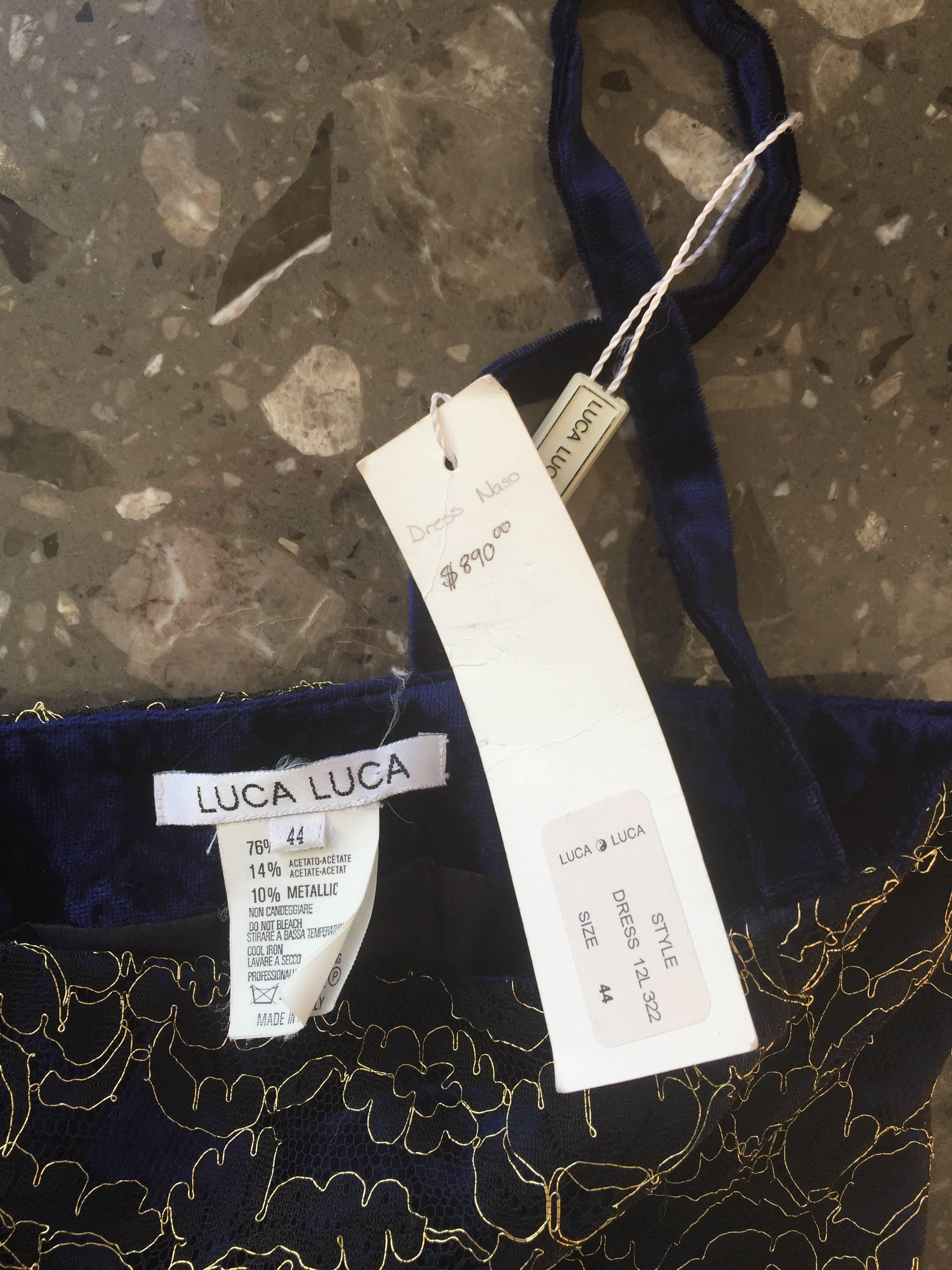 Beautiful New Luca Luca Royal Blue + Gold Velvet And Lace Cocktail Dress NWT For Sale 4