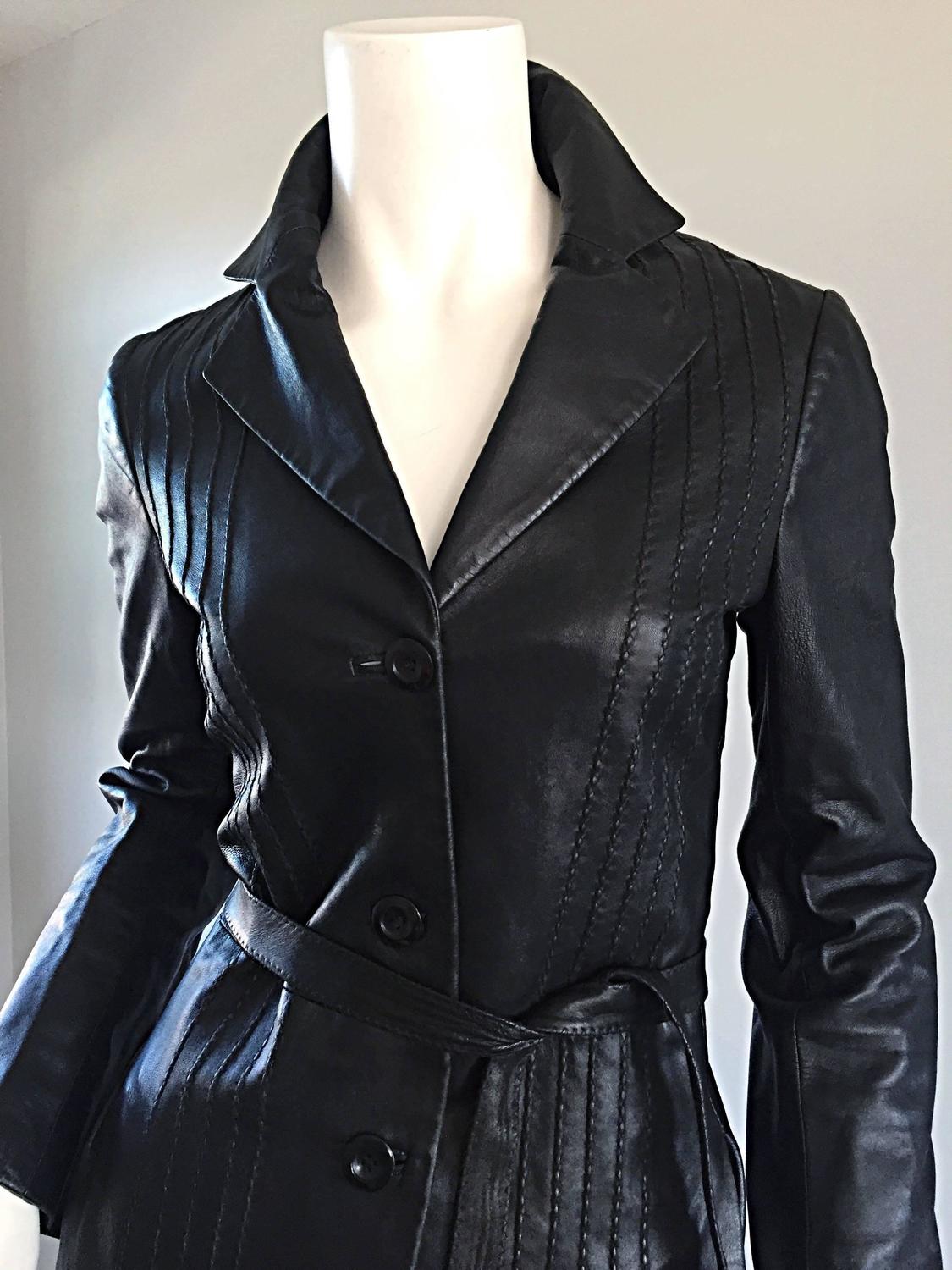 Katayone Adeli Black Leather Belted Spy Trench Jacket / Coat Dress For ...