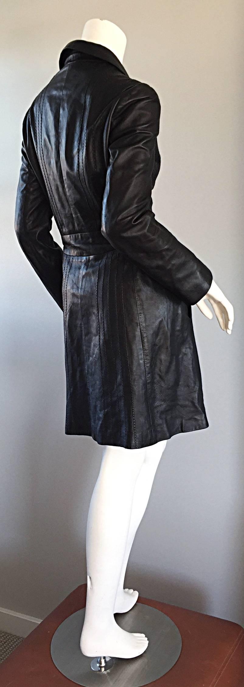 Katayone Adeli Black Leather Belted Spy Trench Jacket / Coat Dress In Excellent Condition In San Diego, CA