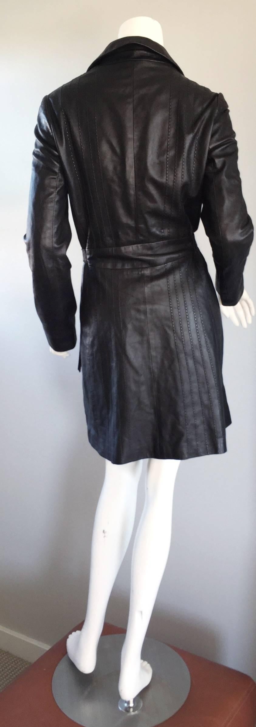 Women's Katayone Adeli Black Leather Belted Spy Trench Jacket / Coat Dress