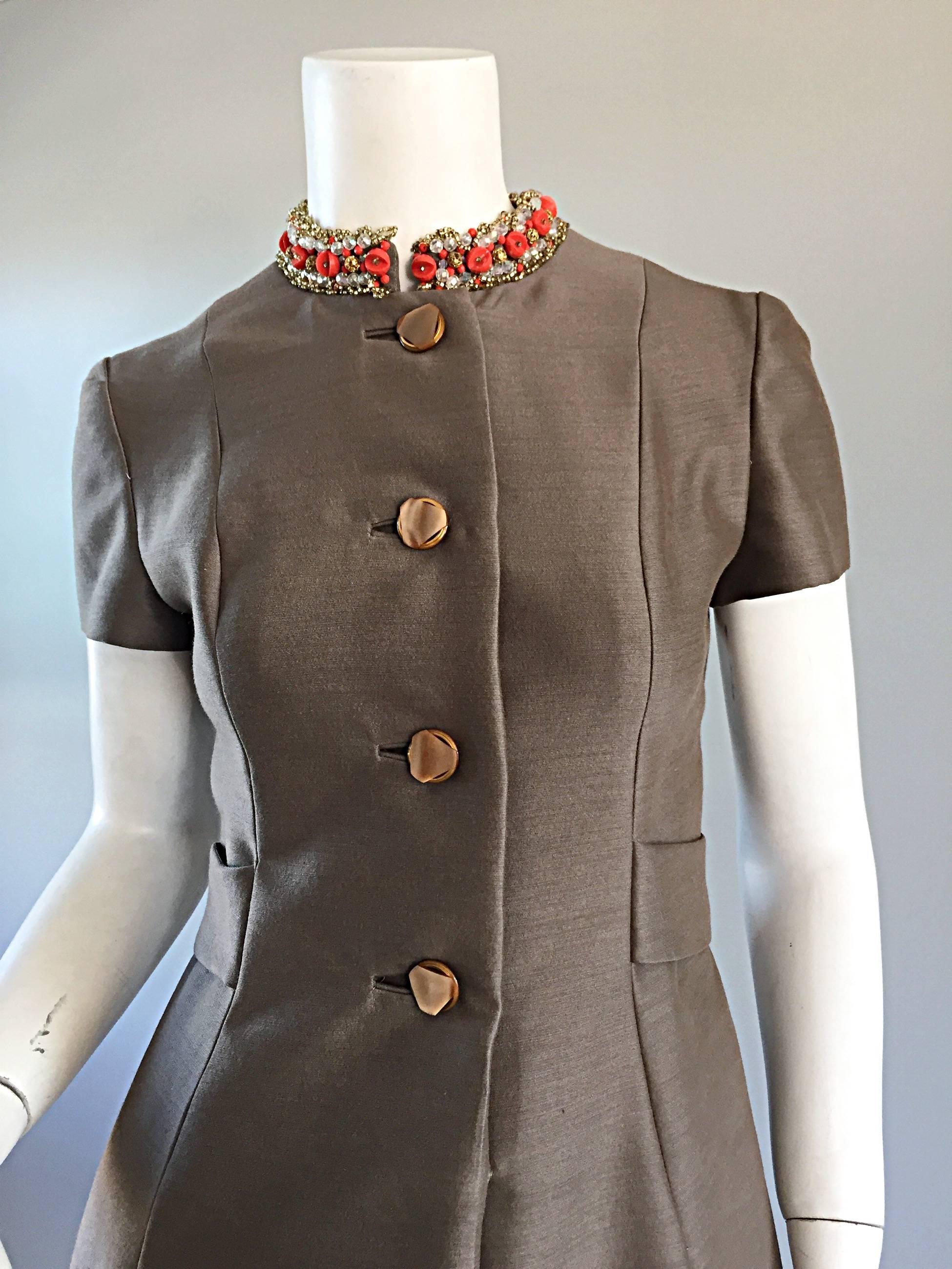Beautiful 1960s 60s Gino Charles Beaded Raw Silk Taupe A - Line Vintage Dress In Excellent Condition For Sale In San Diego, CA