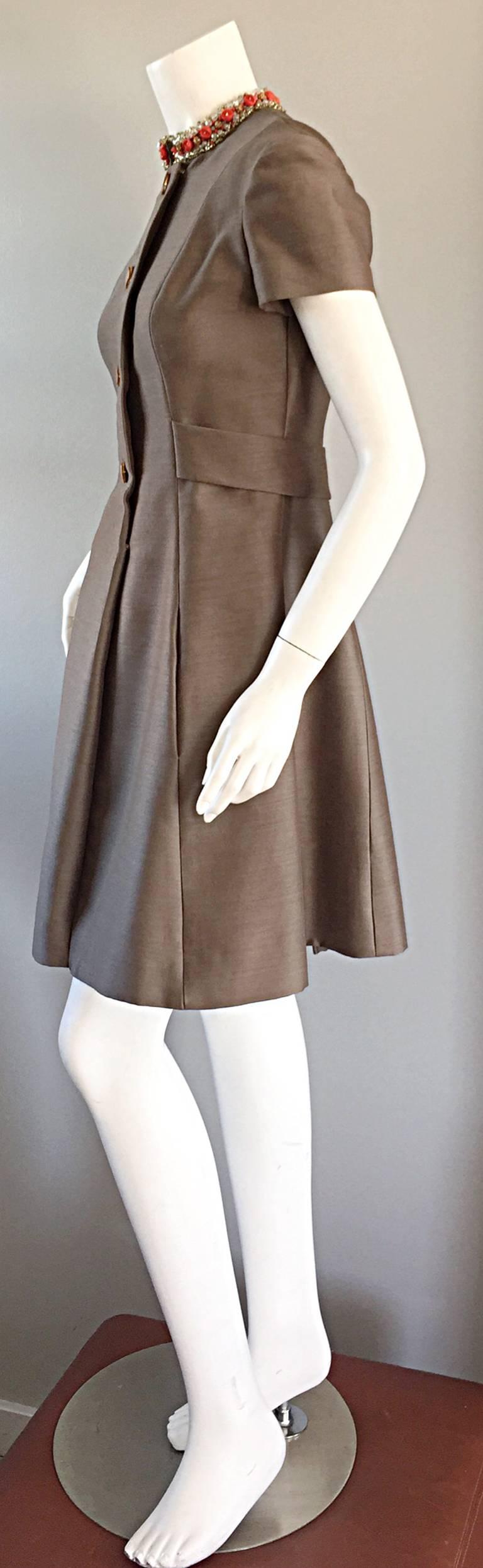 Beautiful 1960s 60s Gino Charles Beaded Raw Silk Taupe A - Line Vintage Dress  For Sale 2