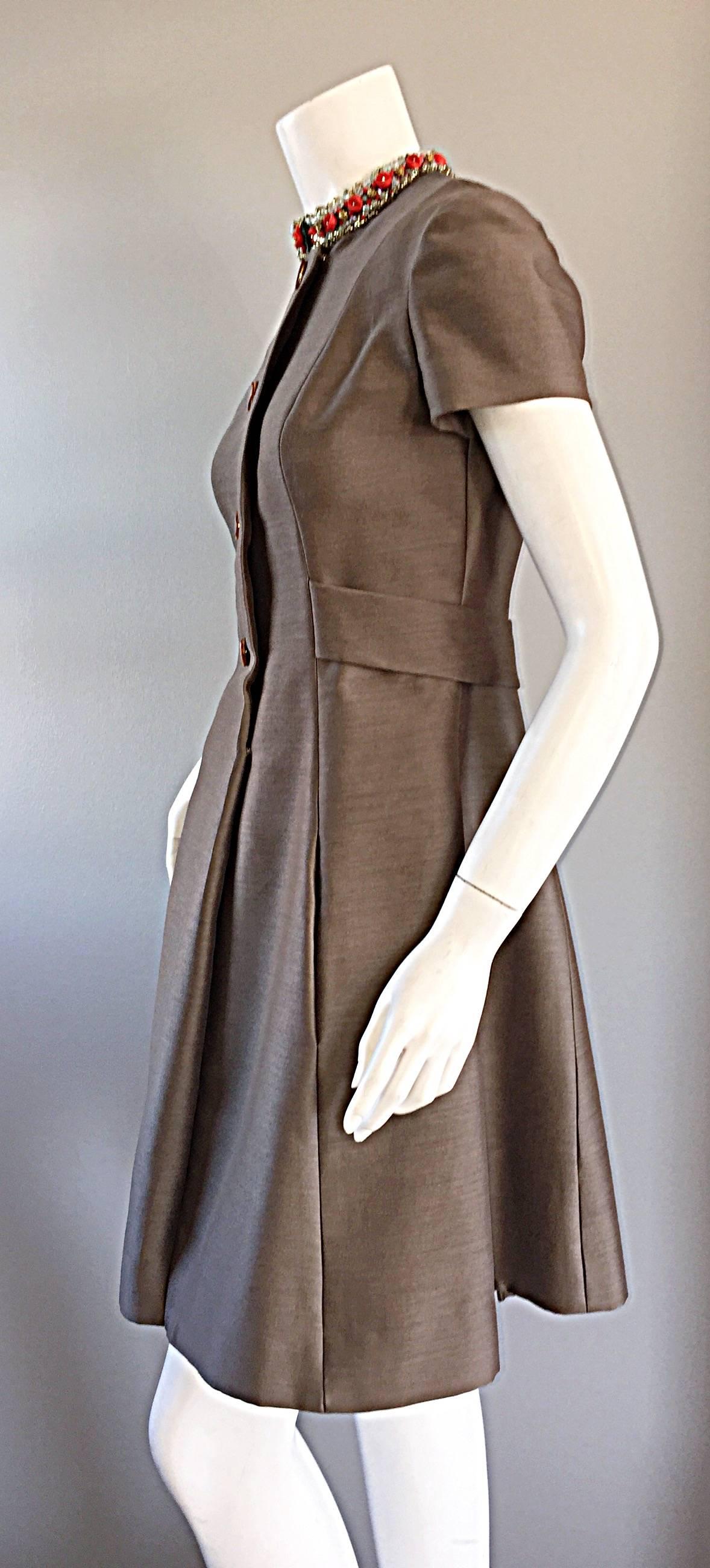 Gray Beautiful 1960s 60s Gino Charles Beaded Raw Silk Taupe A - Line Vintage Dress  For Sale