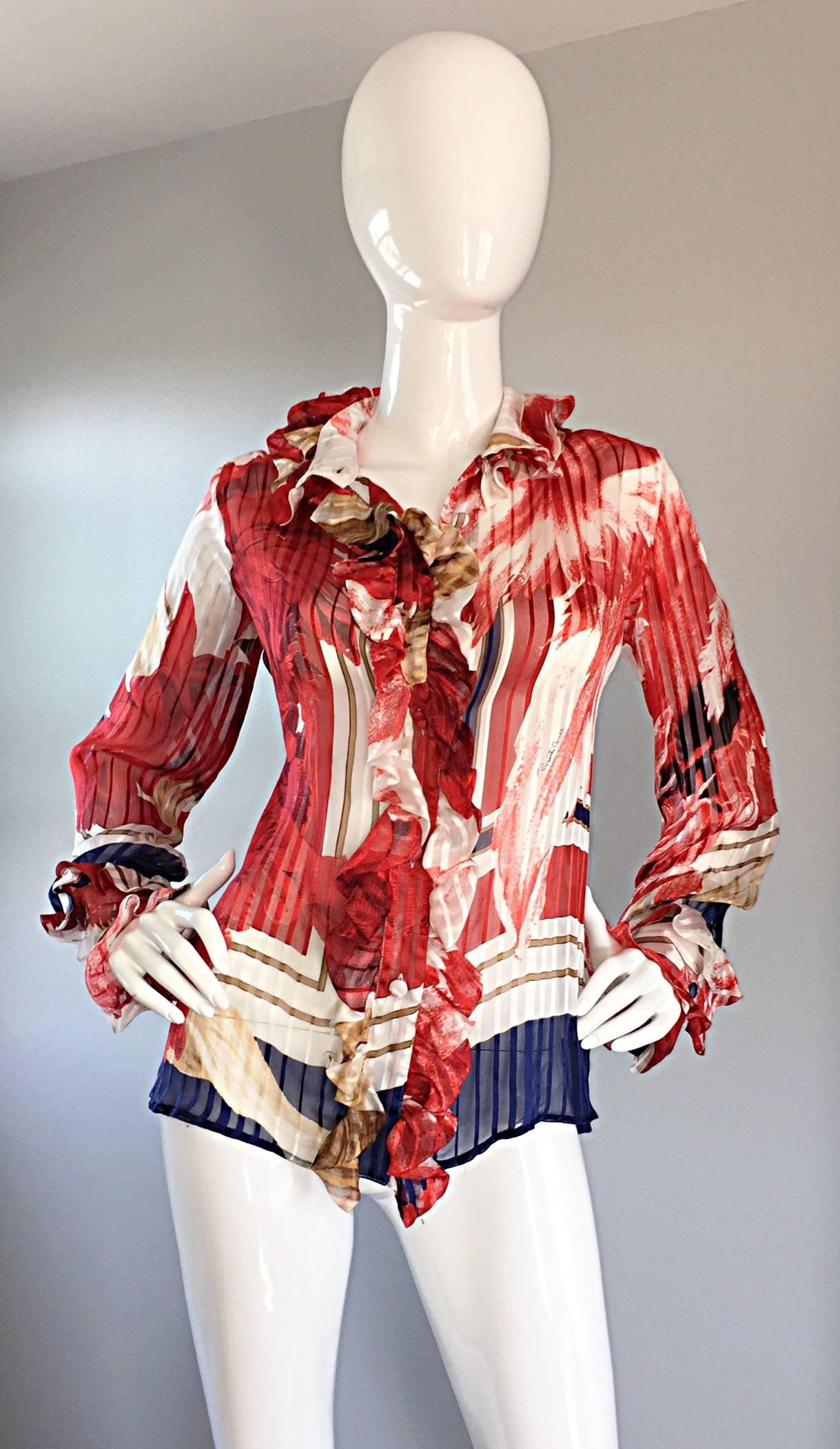 Beautiful Roberto Cavalli nautical inspired silk blouse. Victorian style, with ruffle neck, and sleeve cuffs. Silk covered fabric buttons down the bodice, and at each sleeve cuff. This shirt is a STUNNER in person! Easily transitions into any