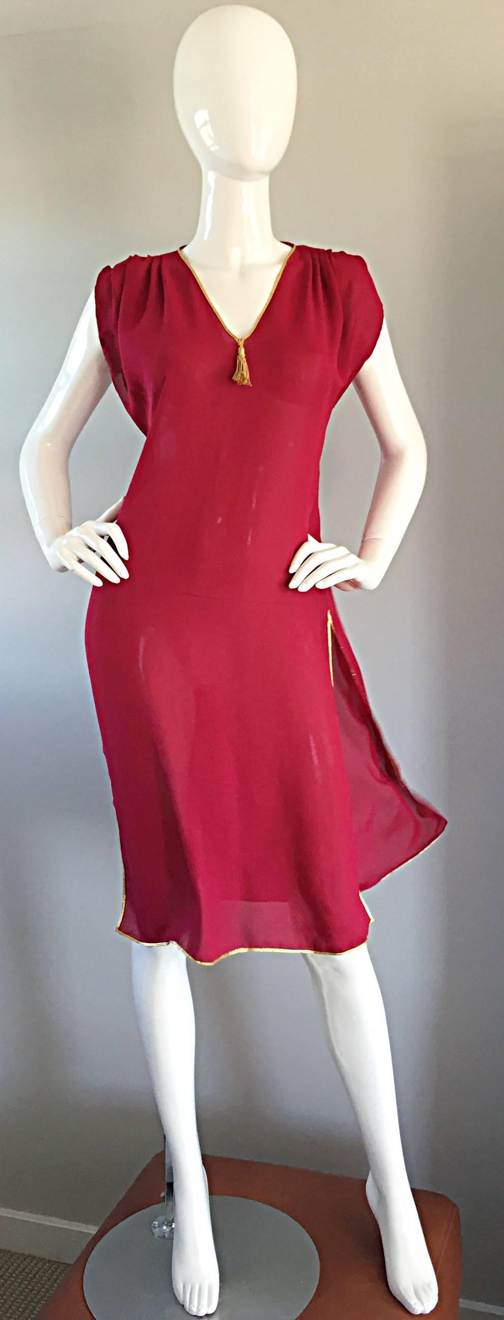 Women's Vintage Pat Richards Raspberry Pink + Gold Grecian Semi Sheer Flowy Tunic Dress 