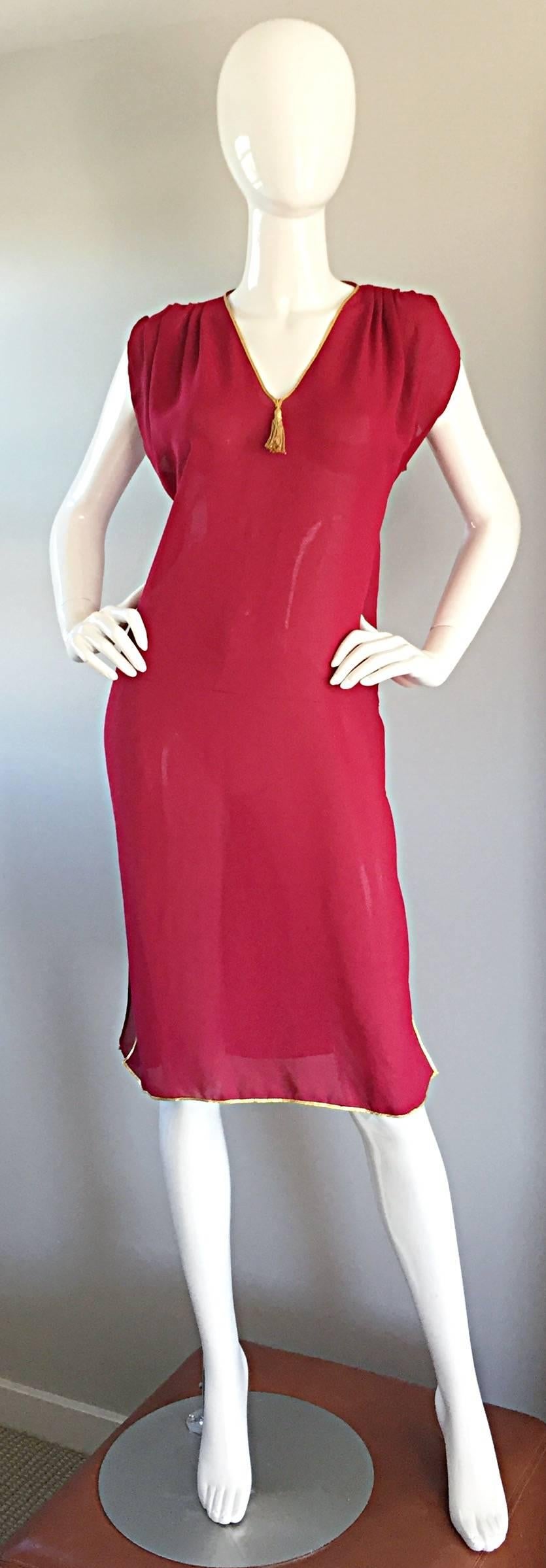 Vintage Pat Richards Raspberry Pink + Gold Grecian Semi Sheer Flowy Tunic Dress  In Excellent Condition In San Diego, CA