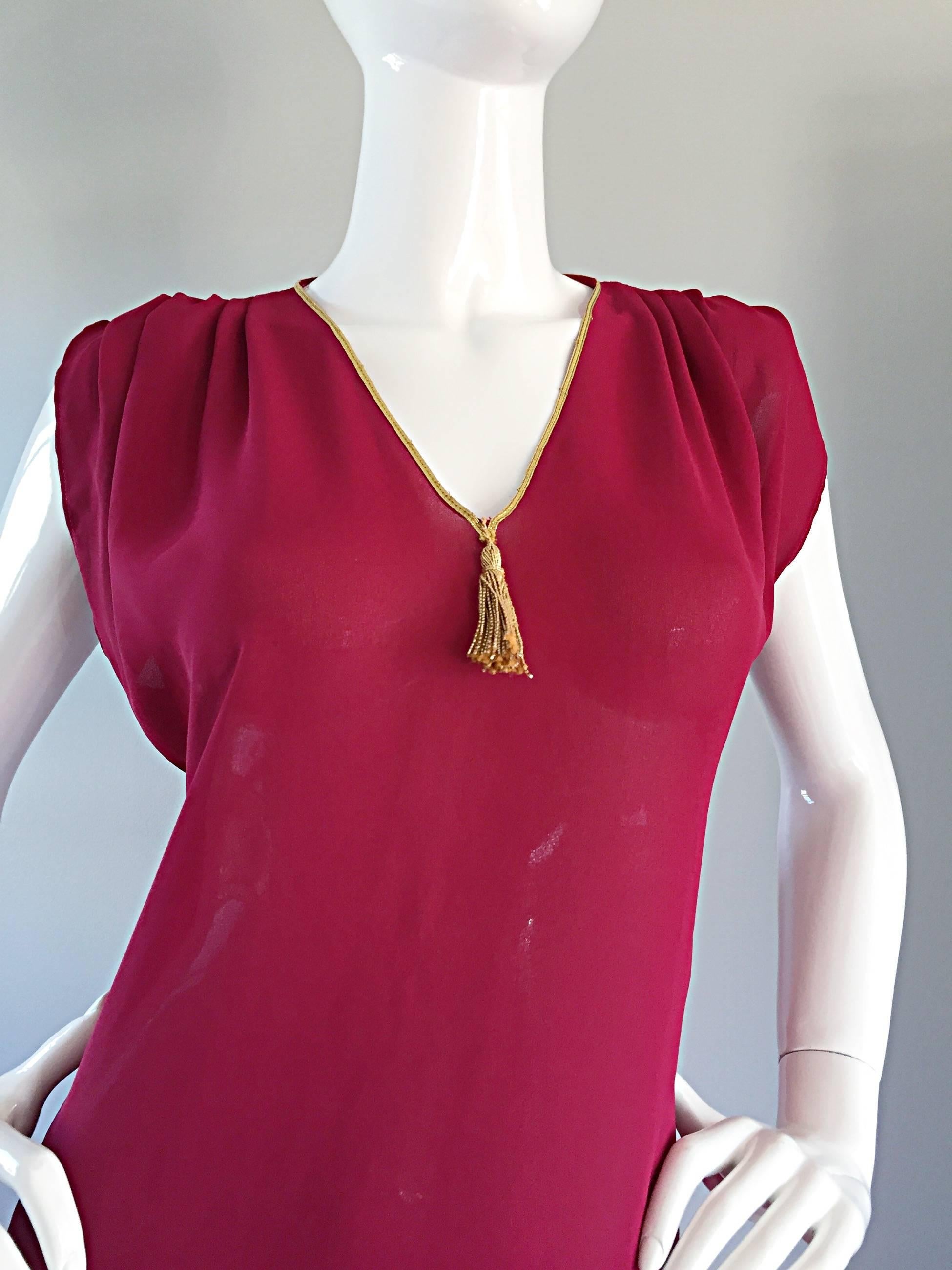 Vintage Pat Richards Raspberry Pink + Gold Grecian Semi Sheer Flowy Tunic Dress  2
