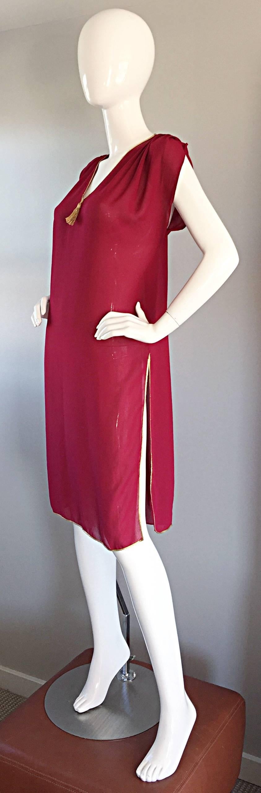 Vintage Pat Richards Raspberry Pink + Gold Grecian Semi Sheer Flowy Tunic Dress  3